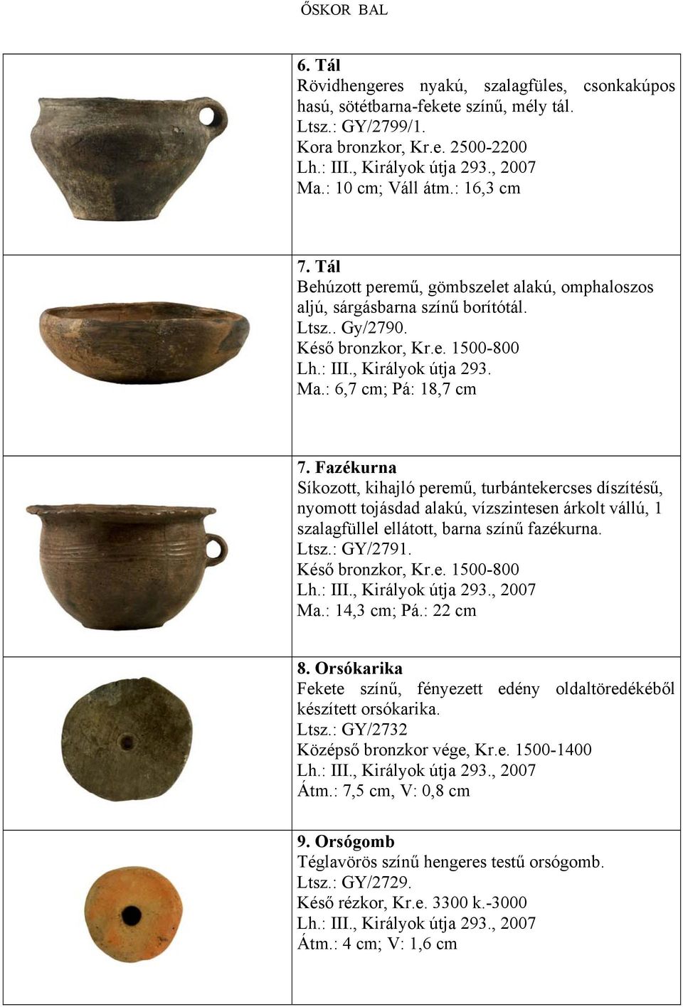 : 6,7 cm; Pá: 18,7 cm 7. Fazékurna Síkozott, kihajló peremű, turbántekercses díszítésű, nyomott tojásdad alakú, vízszintesen árkolt vállú, 1 szalagfüllel ellátott, barna színű fazékurna. Ltsz.