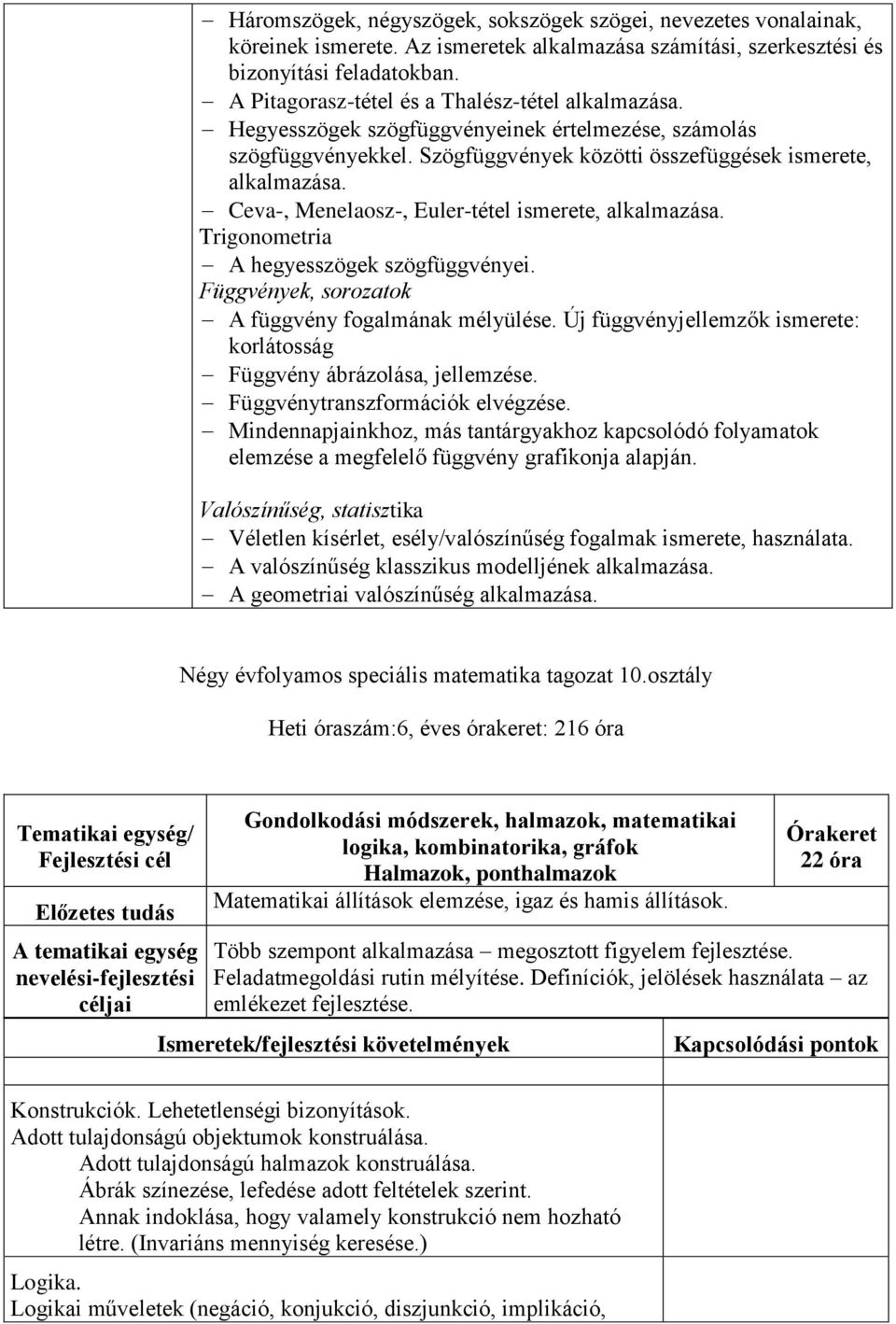 Ceva-, Menelaosz-, Euler-tétel ismerete, alkalmazása. Trigonometria A hegyesszögek szögfüggvényei. Függvények, sorozatok A függvény fogalmának mélyülése.
