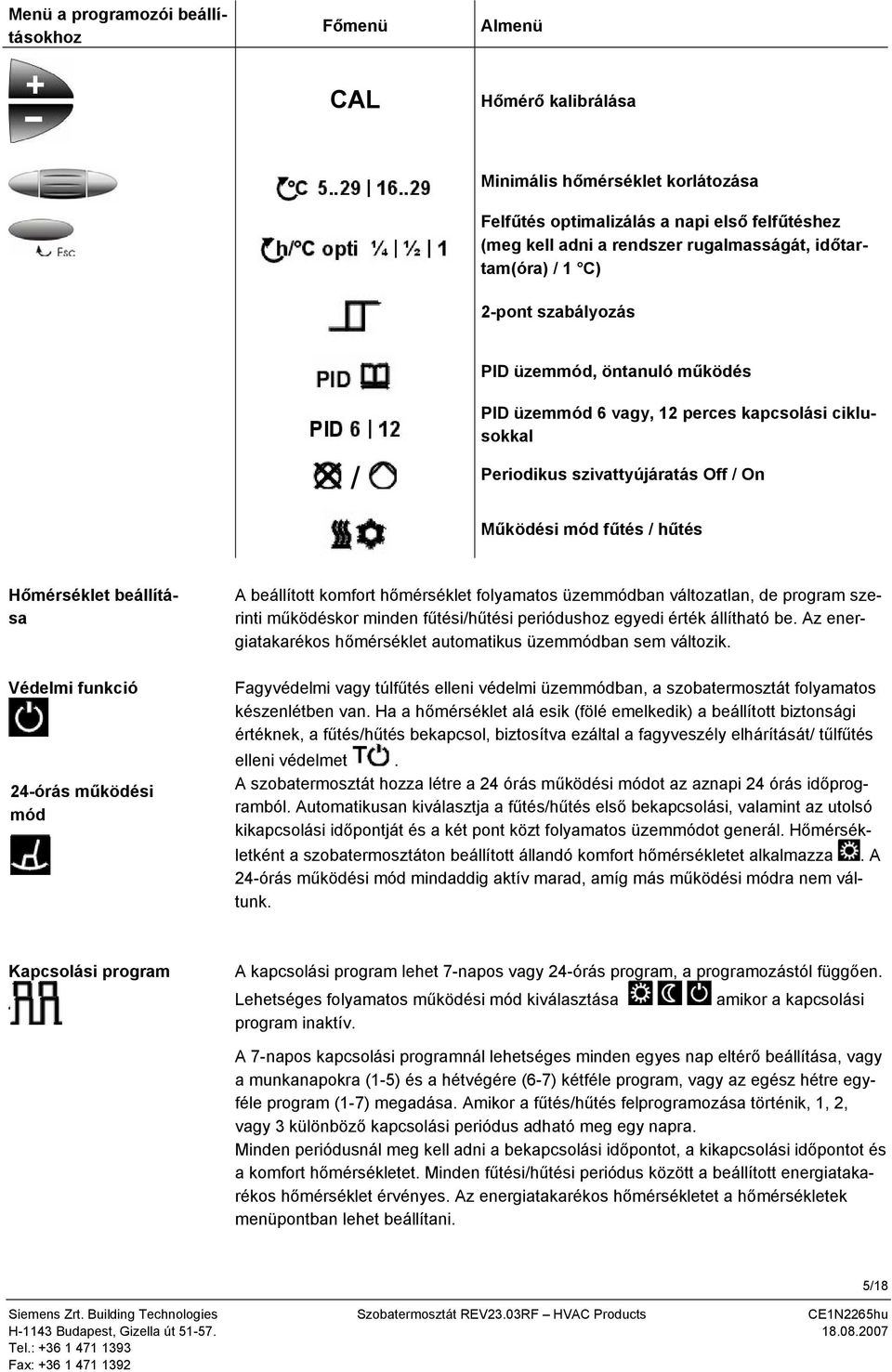 Hőmérséklet beállítása Védelmi funkció 24-órás működési mód A beállított komfort hőmérséklet folyamatos üzemmódban változatlan, de program szerinti működéskor minden fűtési/hűtési periódushoz egyedi