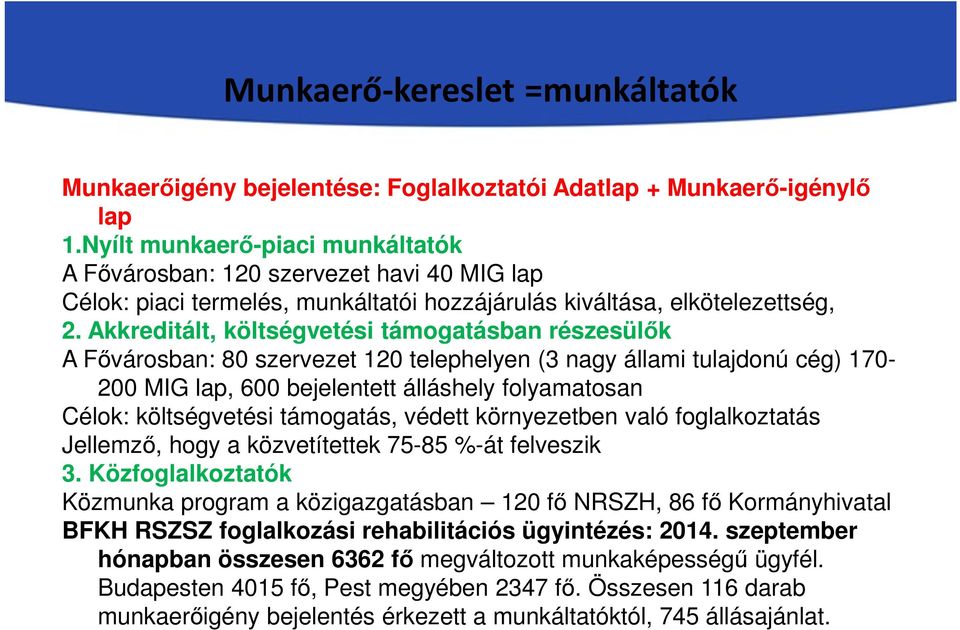 Akkreditált, költségvetési támogatásban részesülők A Fővárosban: 80 szervezet 120 telephelyen (3 nagy állami tulajdonú cég) 170-200 MIG lap, 600 bejelentett álláshely folyamatosan Célok: