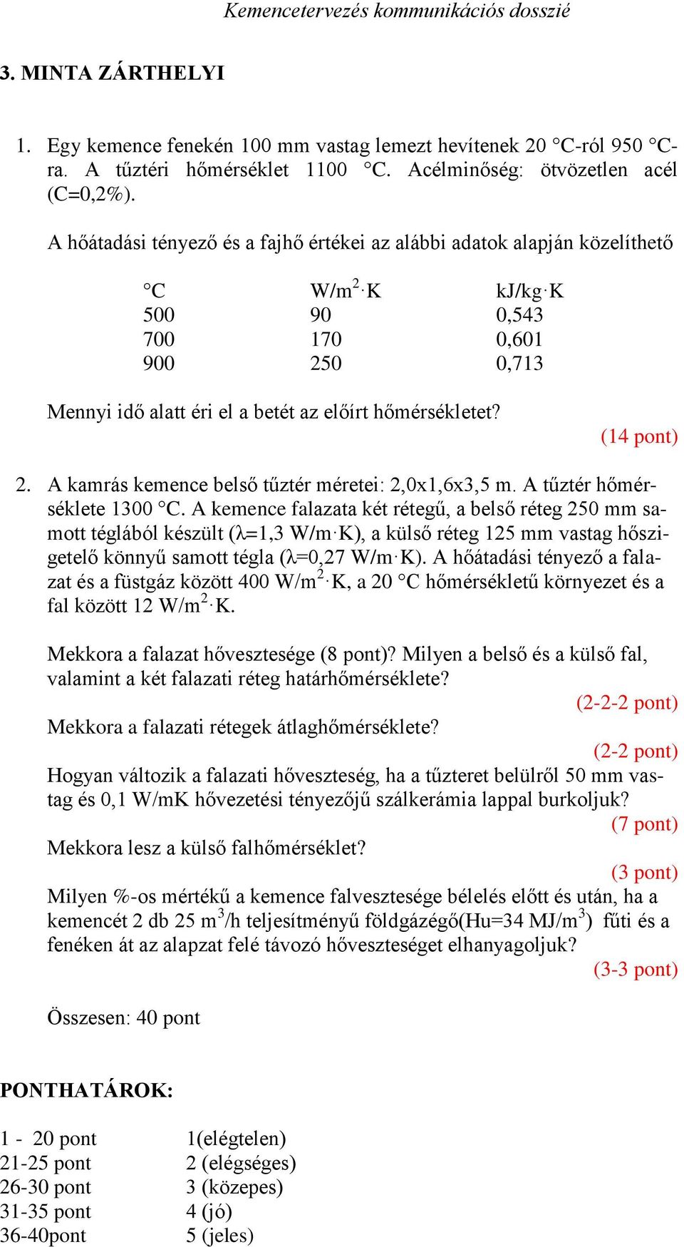 (14 pont) 2. A kamrás kemence belső tűztér méretei: 2,0x1,6x3,5 m. A tűztér hőmérséklete 1300 C.