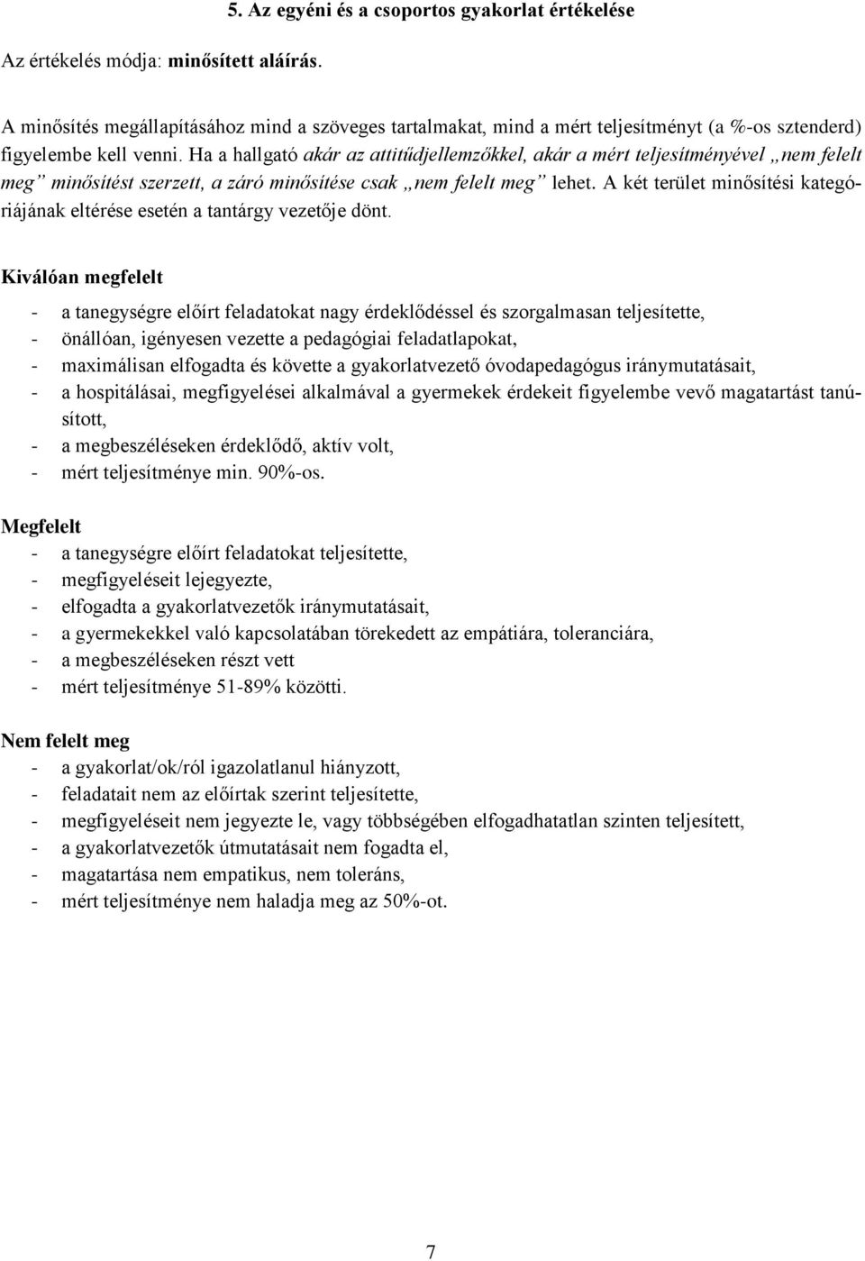 Ha a hallgató akár az attitűdjellemzőkkel, akár a mért teljesítményével nem felelt meg minősítést szerzett, a záró minősítése csak nem felelt meg lehet.