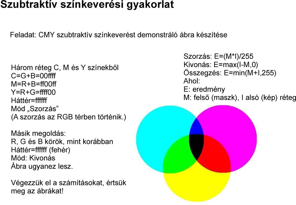 ) Másik megoldás: R, G és B körök, mint korábban Háttér=ffffff (fehér) Mód: Kivonás Ábra ugyanez lesz.