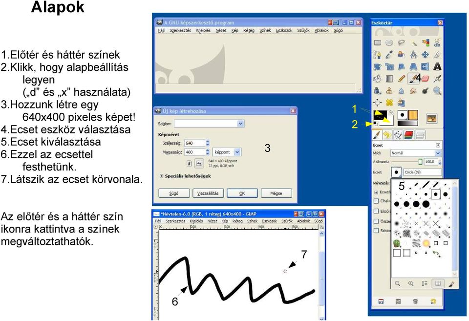 hozzunk létre egy 640x400 pixeles képet! 4.Ecset eszköz választása 5.