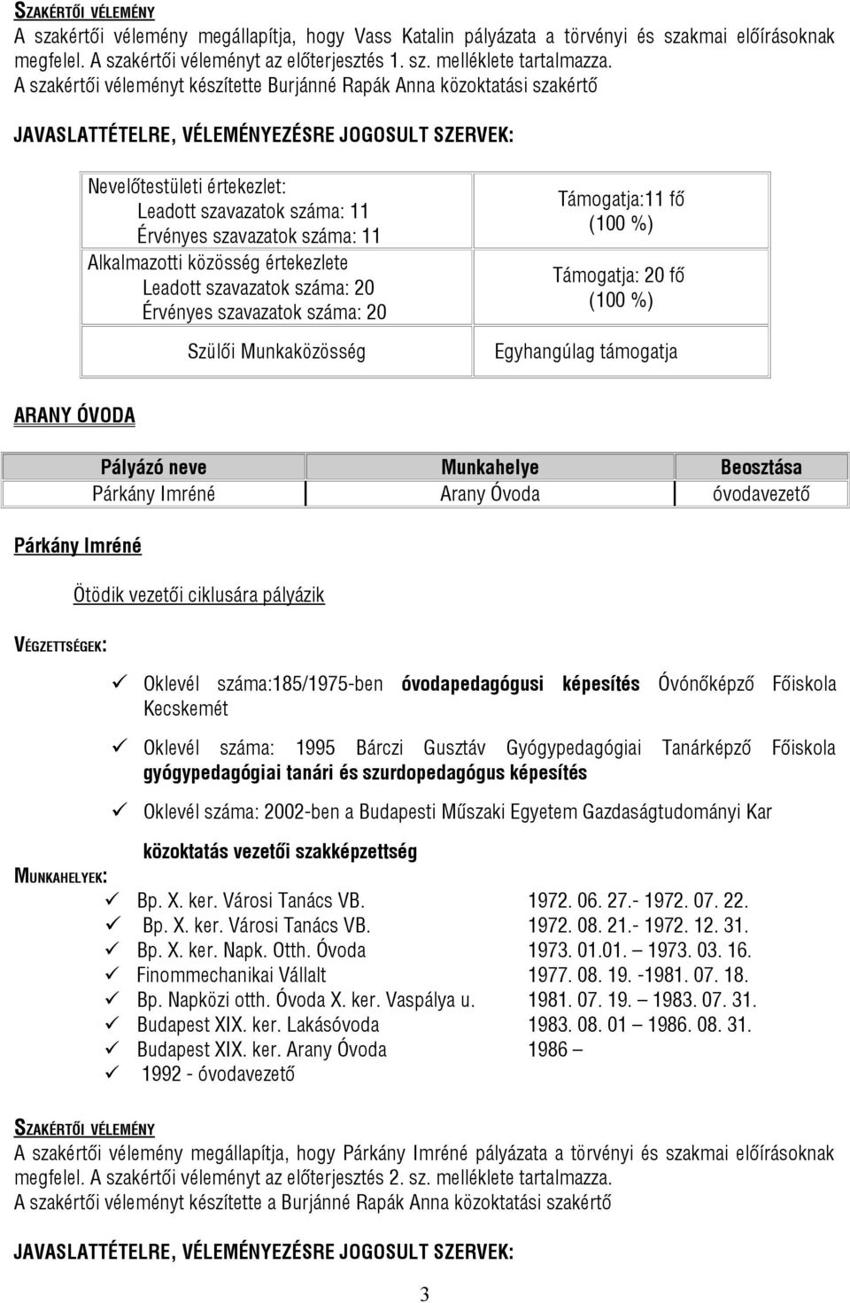 szavazatok száma: 11 Alkalmazotti közösség értekezlete Leadott szavazatok száma: 20 Érvényes szavazatok száma: 20 Szülői Munkaközösség Támogatja:11 fő Támogatja: 20 fő ARANY ÓVODA Párkány Imréné