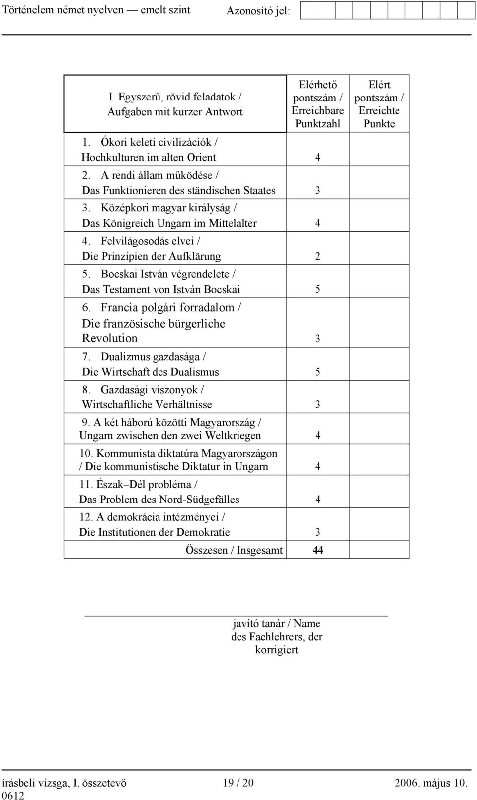 Bocskai István végrendelete / Das Testament von István Bocskai 5 6. Francia polgári forradalom / Die französische bürgerliche Revolution 3 7. Dualizmus gazdasága / Die Wirtschaft des Dualismus 5 8.