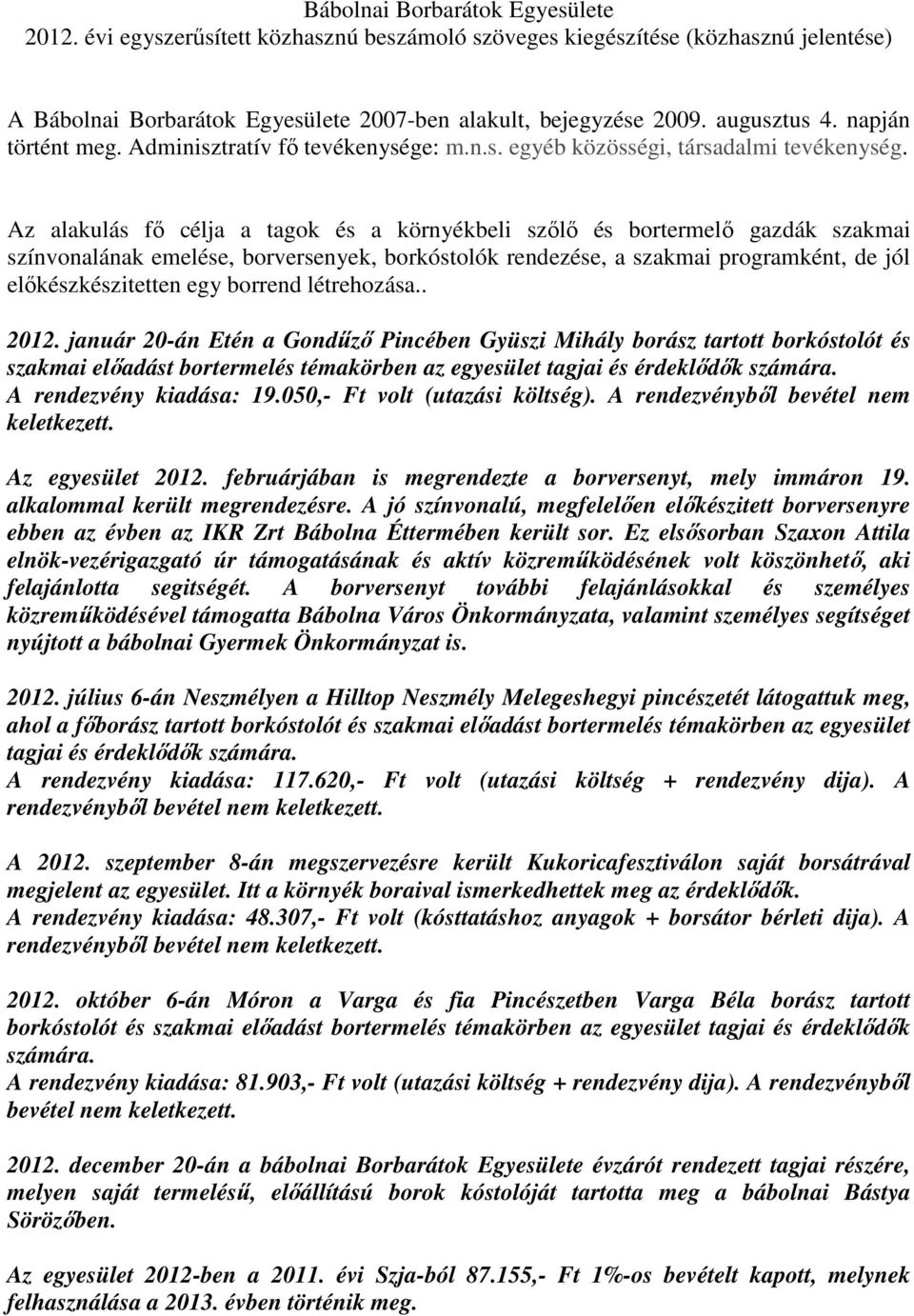 Az alakulás fő célja a tagok és a környékbeli szőlő és bortermelő gazdák szakmai színvonalának emelése, borversenyek, borkóstolók rendezése, a szakmai programként, de jól előkészkészitetten egy