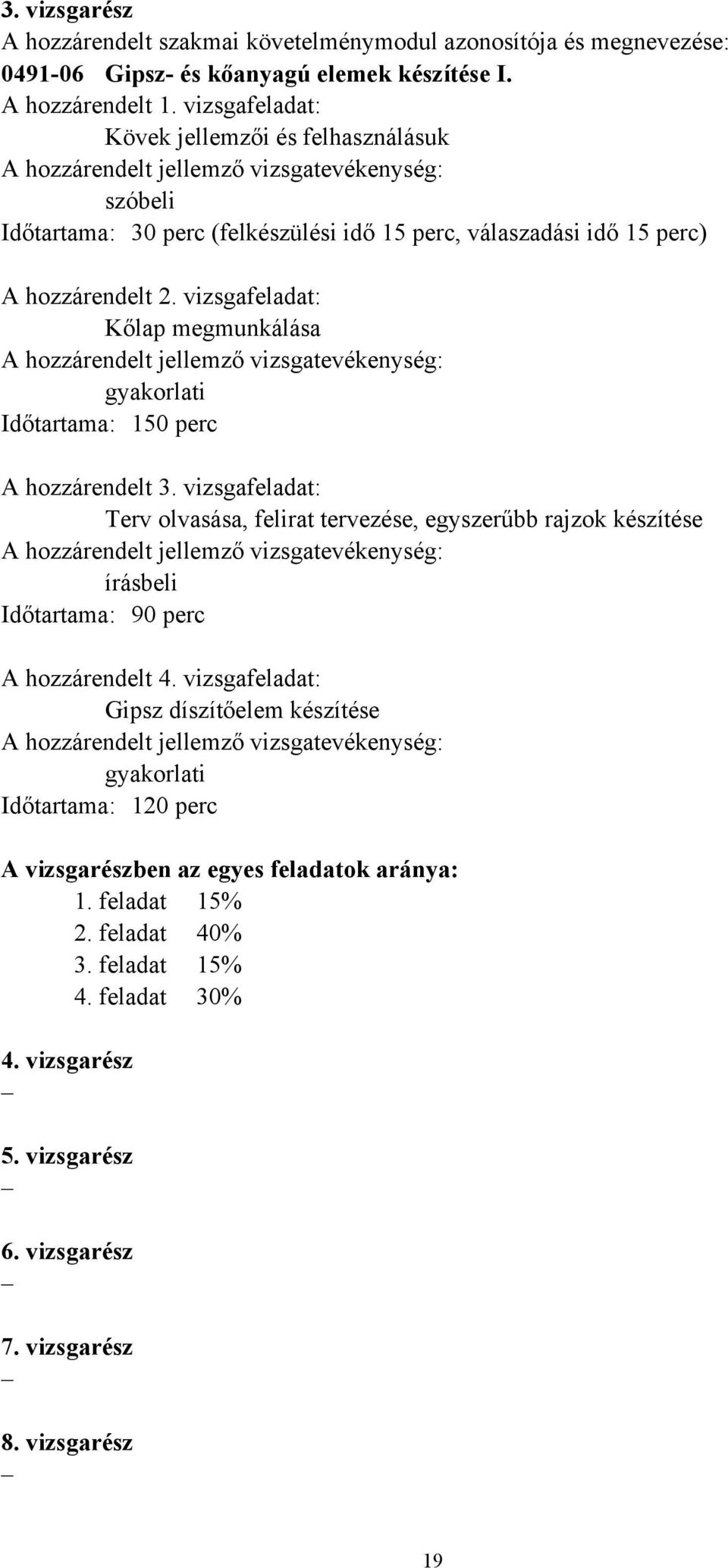 vizsgafeladat: Kőlap megmunkálása A hozzárendelt jellemző vizsgatevékenység: gyakorlati Időtartama: 150 perc A hozzárendelt 3.