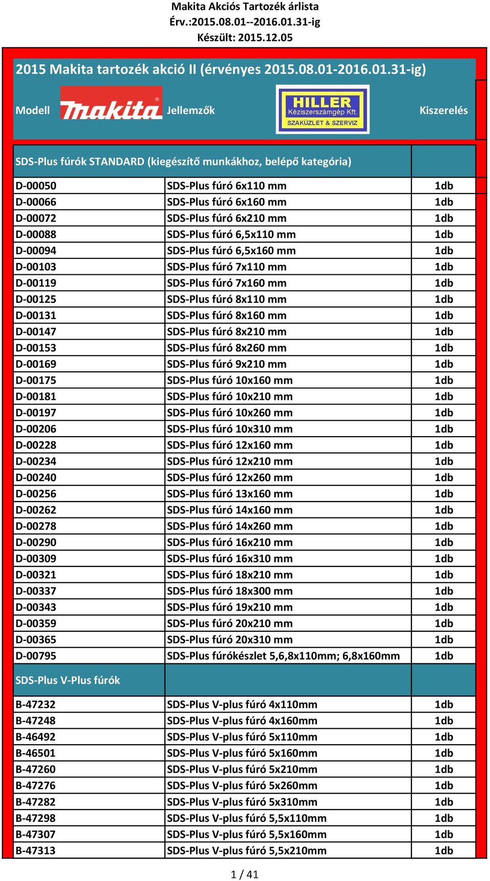 fúró 8x260 mm D-00169 SDS-Plus fúró 9x210 mm D-00175 SDS-Plus fúró 10x160 mm D-00181 SDS-Plus fúró 10x210 mm D-00197 SDS-Plus fúró 10x260 mm D-00206 SDS-Plus fúró 10x310 mm D-00228 SDS-Plus fúró