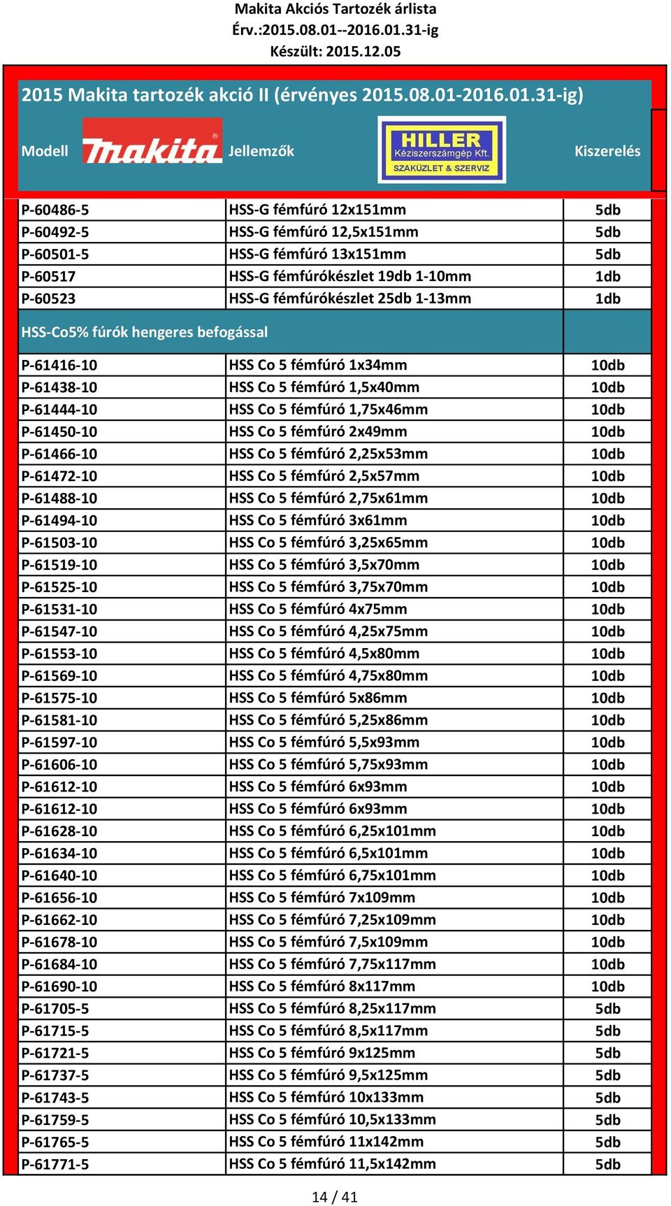 P-61466-10 HSS Co 5 fémfúró 2,25x53mm 10db P-61472-10 HSS Co 5 fémfúró 2,5x57mm 10db P-61488-10 HSS Co 5 fémfúró 2,75x61mm 10db P-61494-10 HSS Co 5 fémfúró 3x61mm 10db P-61503-10 HSS Co 5 fémfúró
