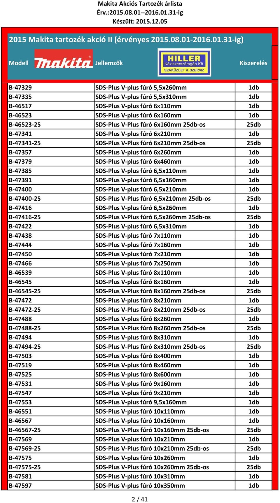 6,5x110mm B-47391 SDS-Plus V-plus fúró 6,5x160mm B-47400 SDS-Plus V-plus fúró 6,5x210mm B-47400-25 SDS-Plus V-Plus fúró 6,5x210mm 25db-os 25db B-47416 SDS-Plus V-plus fúró 6,5x260mm B-47416-25