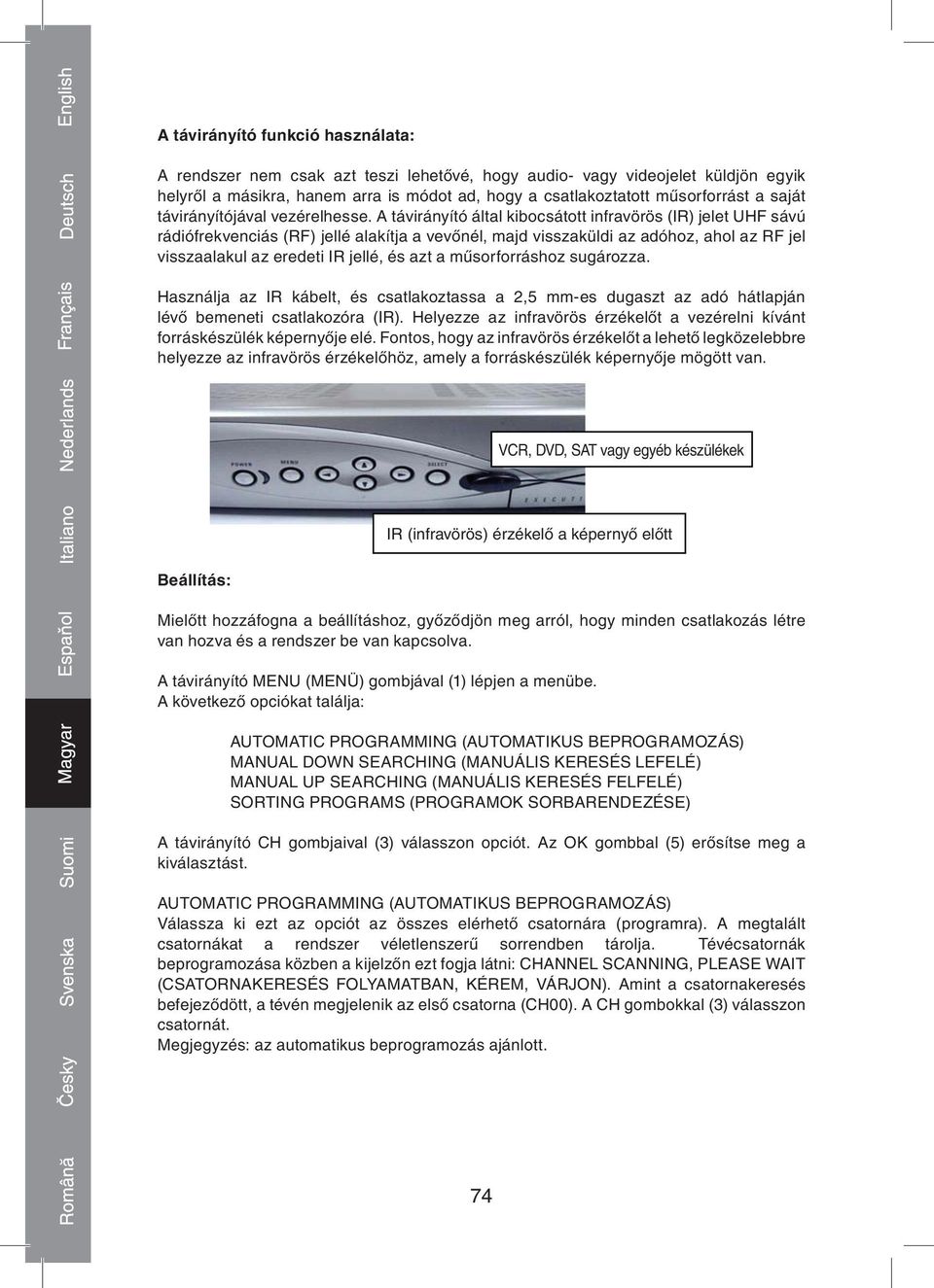 A távirányító által kibocsátott infravörös (IR) jelet UHF sávú rádiófrekvenciás (RF) jellé alakítja a vevőnél, majd visszaküldi az adóhoz, ahol az RF jel visszaalakul az eredeti IR jellé, és azt a