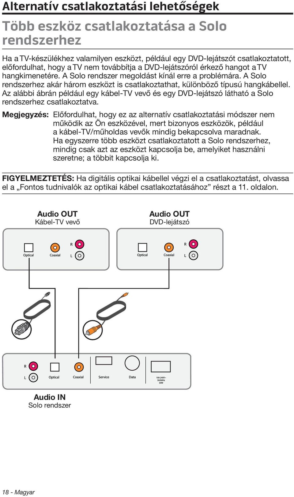 A Solo rendszerhez akár három eszközt is csatlakoztathat, különböző típusú hangkábellel. Az alábbi ábrán például egy kábel-tv vevő és egy DVD-lejátszó látható a Solo rendszerhez csatlakoztatva.