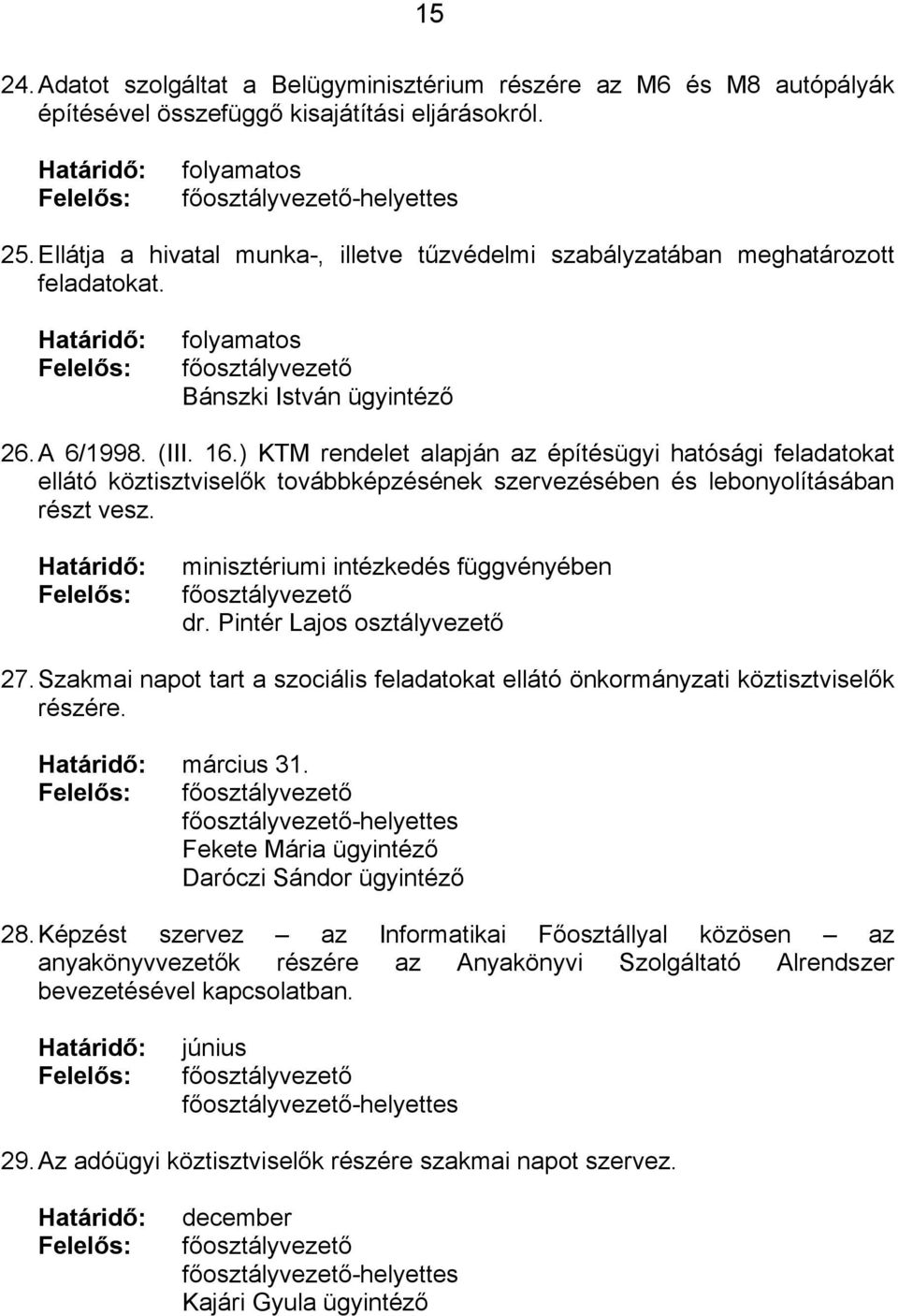 ) KTM rendelet alapján az építésügyi hatósági feladatokat ellátó köztisztviselők továbbképzésének szervezésében és lebonyolításában részt vesz. minisztériumi intézkedés függvényében dr.