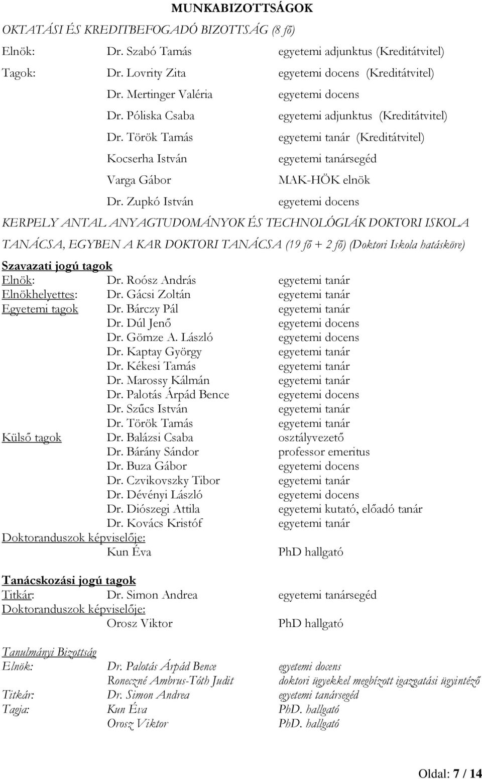 Zupkó István egyetemi adjunktus (Kreditátvitel) (Kreditátvitel) MAK-HÖK elnök KERPELY ANTAL ANYAGTUDOMÁNYOK ÉS TECHNOLÓGIÁK DOKTORI ISKOLA TANÁCSA, EGYBEN A KAR DOKTORI TANÁCSA (19 fő + 2 fő)