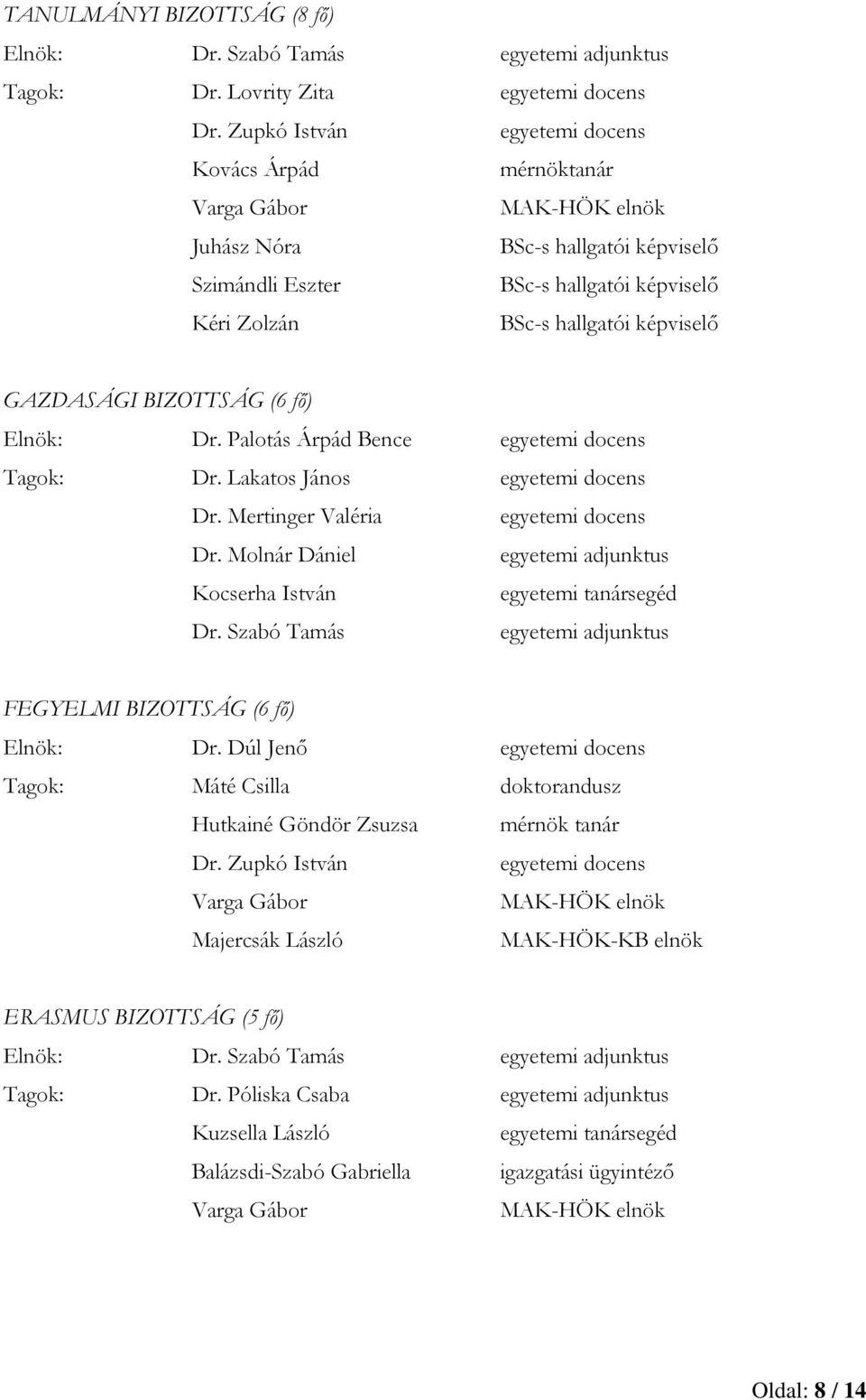 BIZOTTSÁG (6 fő) Elnök: Dr. Palotás Árpád Bence Tagok: Dr. Lakatos János Dr. Mertinger Valéria Dr. Molnár Dániel egyetemi adjunktus Kocserha István Dr.