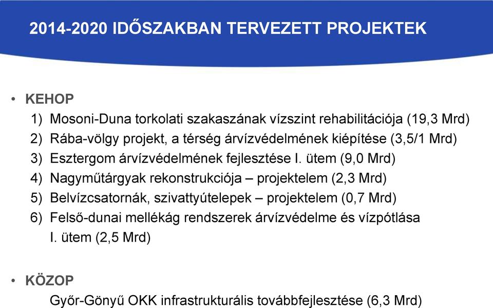 ütem (9,0 Mrd) 4) Nagyműtárgyak rekonstrukciója projektelem (2,3 Mrd) 5) Belvízcsatornák, szivattyútelepek projektelem (0,7