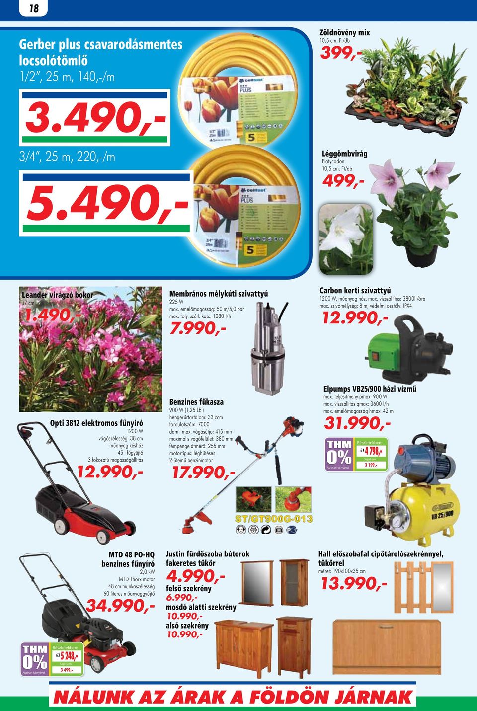 990,- Carbon kerti szivattyú 1200 W, műanyag ház, max. vízszállítás: 3800l /óra max. szívómélység: 8 m, védelmi osztály: IPX4 12.