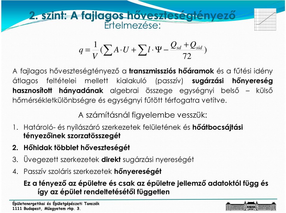 vetítve. A számításnál figyelembe vesszük: 1. Határoló- és nyílászáró szerkezetek felületének és hıátbocsájtási tényezıinek szorzatösszegét 2. Hıhidak többlet hıveszteségét 3.