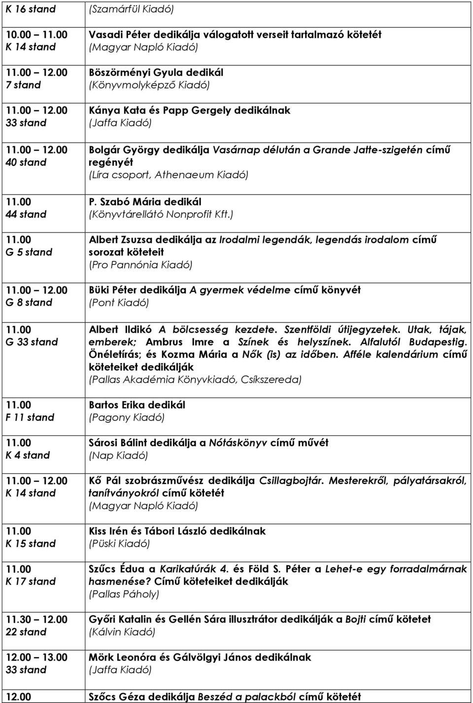 00 33 stand (Szamárfül Kiadó) Vasadi Péter dedikálja válogatott verseit tartalmazó kötetét (Magyar Napló Kiadó) Böszörményi Gyula dedikál (Könyvmolyképzı Kiadó) Kánya Kata és Papp Gergely dedikálnak