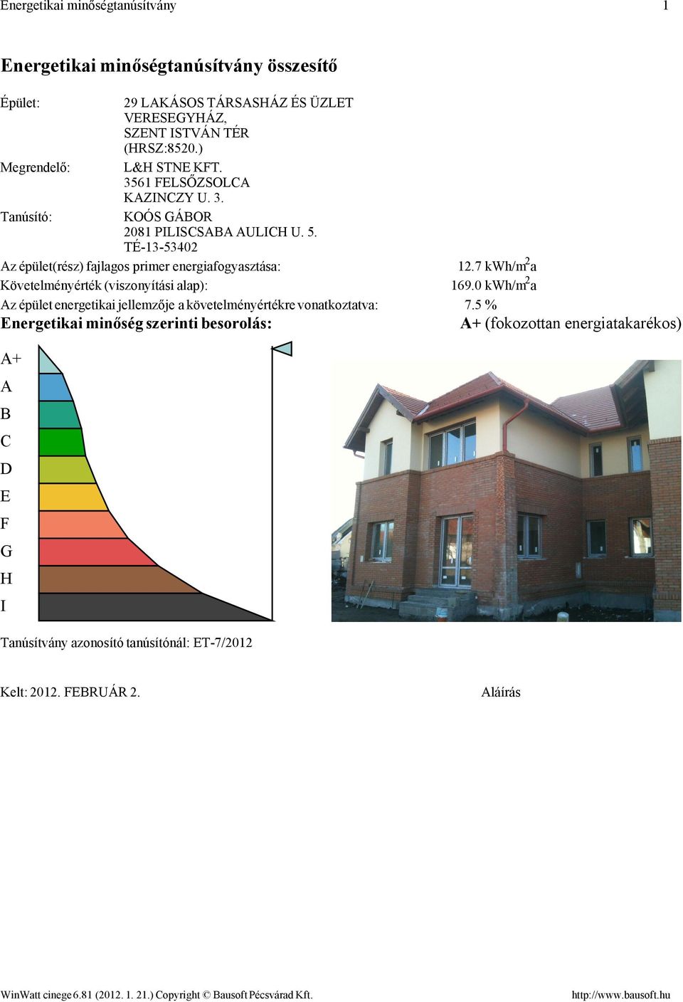 TÉ-13-53402 Az épület(rész) fajlagos primer energiafogyasztása: Követelményérték (viszonyítási alap): Az épület energetikai jellemzője a követelményértékre