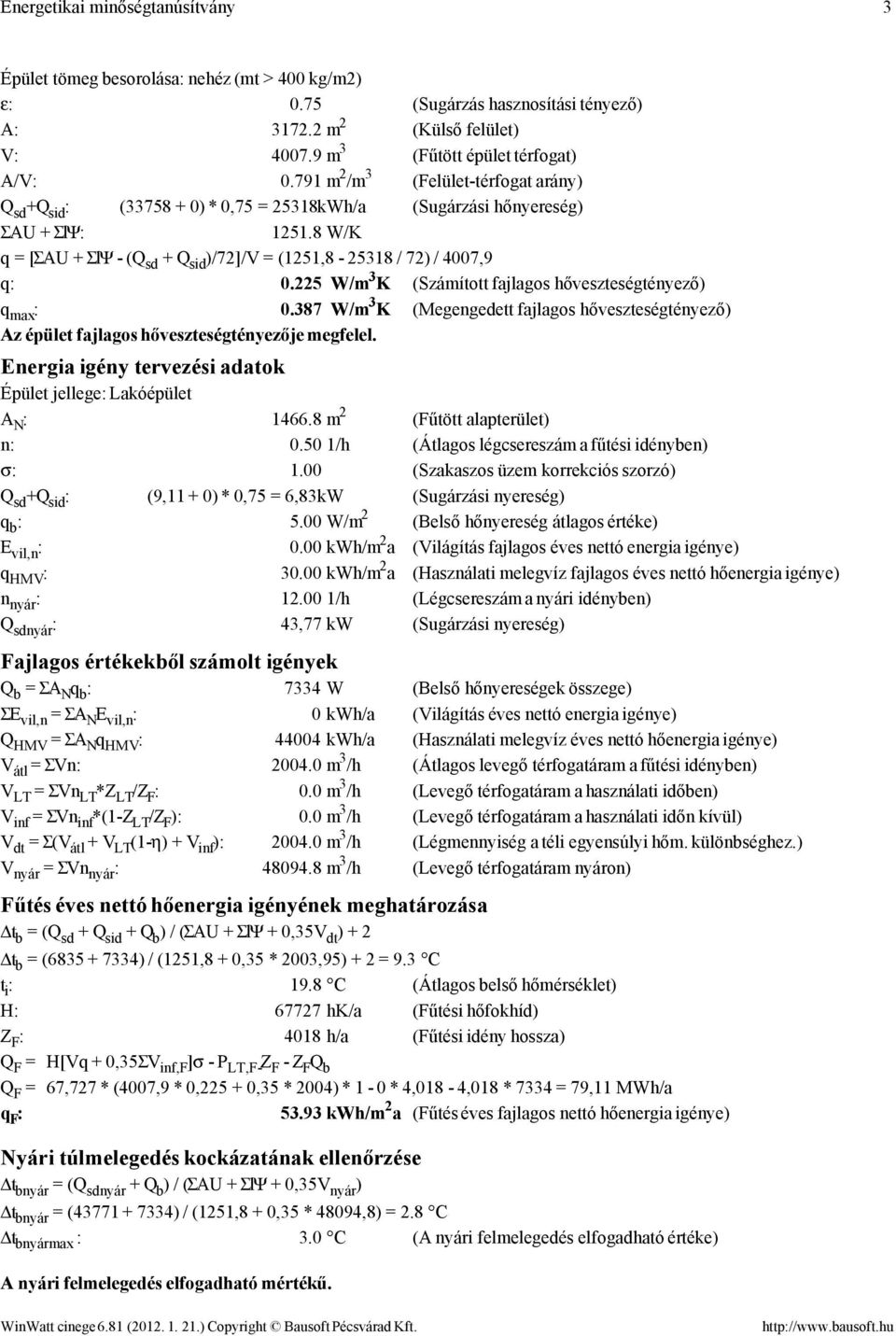 8 W/K q = [ΣAU + ΣlΨ - (Q sd + Q sid )/72]/V = (1251,8-25318 / 72) / 4007,9 q: 0.225 W/m 3 K (Számított fajlagos hőveszteségtényező) q max : 0.