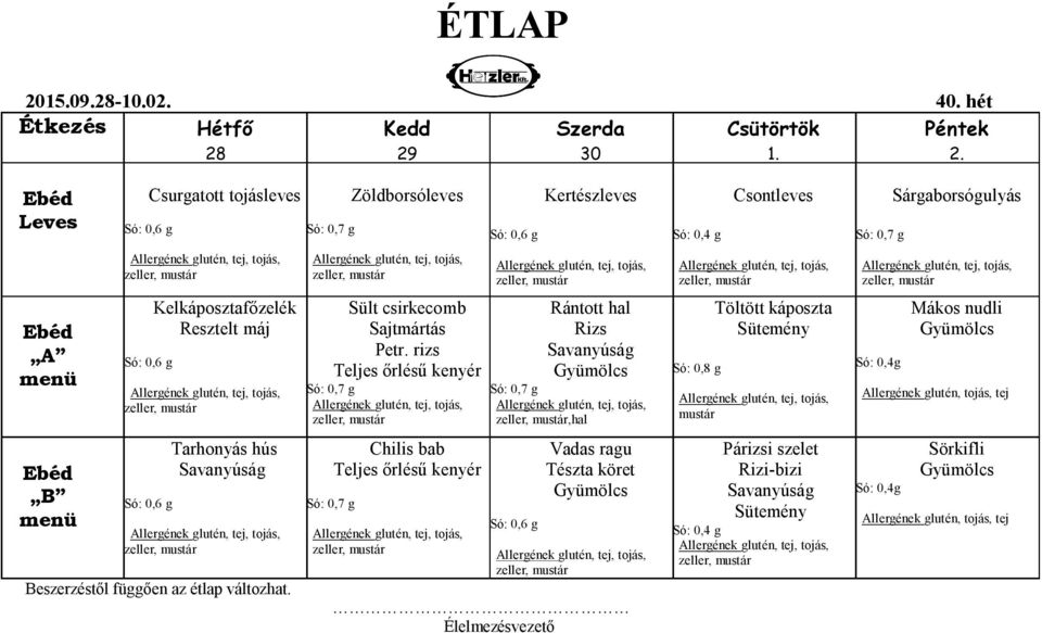 Csurgatott tojásleves Kelkáposztafőzelék Resztelt máj Tarhonyás hús