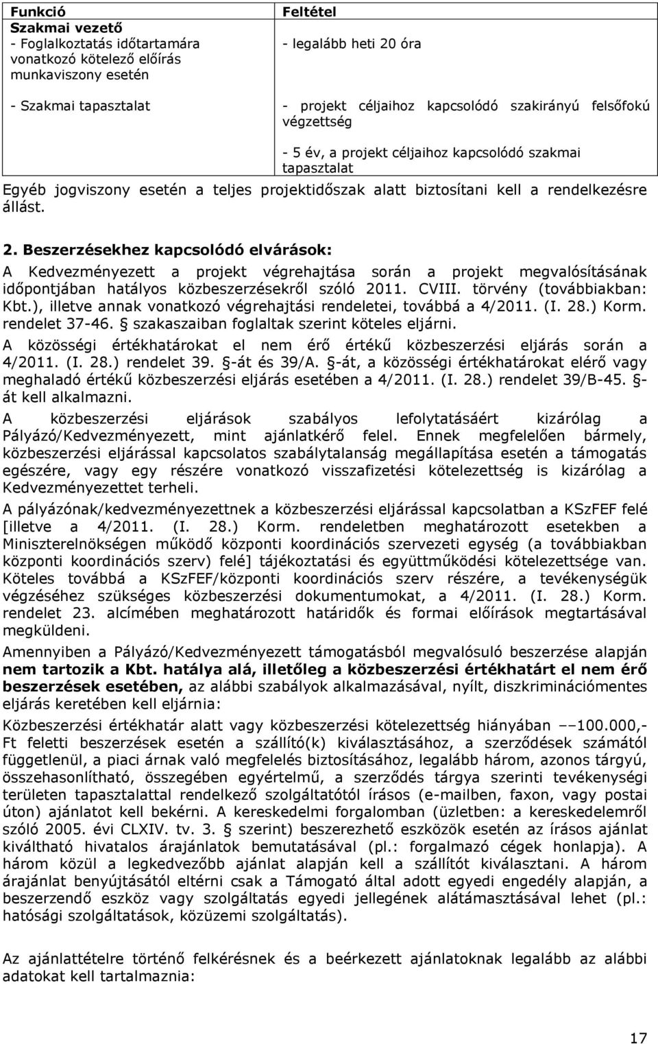 Beszerzésekhez kapcsolódó elvárások: A Kedvezményezett a projekt végrehajtása során a projekt megvalósításának időpontjában hatályos közbeszerzésekről szóló 2011. CVIII. törvény (továbbiakban: Kbt.