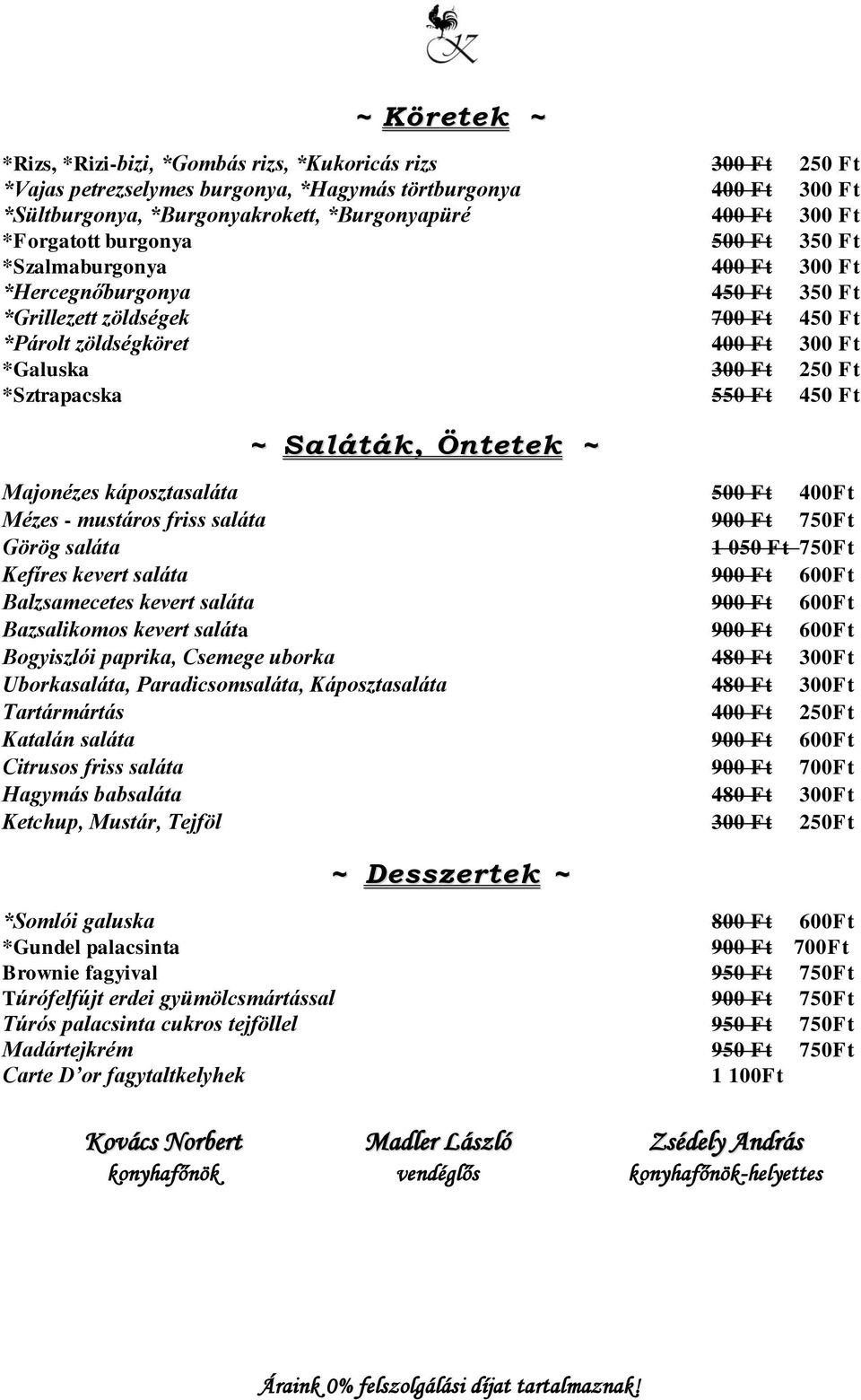 *Sztrapacska 550 Ft 450 Ft ~ Saláták, Öntetek ~ Majonézes káposztasaláta 500 Ft 400Ft Mézes - mustáros friss saláta 900 Ft 750Ft Görög saláta 1 050 Ft 750Ft Kefíres kevert saláta 900 Ft 600Ft