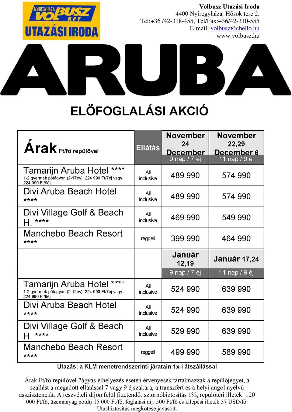 gyermek pótágyon (217év): 224 990 Ft/7éj vagy 224 Manchebo 990 Ft/9éj Beach Resort Félpanziós felár 70 000 Ft/fő/7éj vagy 90 000 Ft/fő/9éj Tamarijn Aruba Hotel *** + 12.