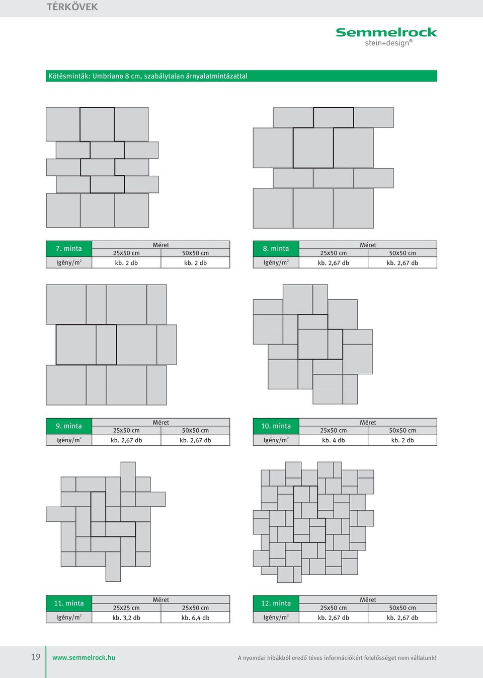 minta 25x50 cm kb. 4 db 50x50 cm kb. 2 db 11. minta 25x25 cm kb. 3,2 db 25x50 cm kb. 6,4 db 12.