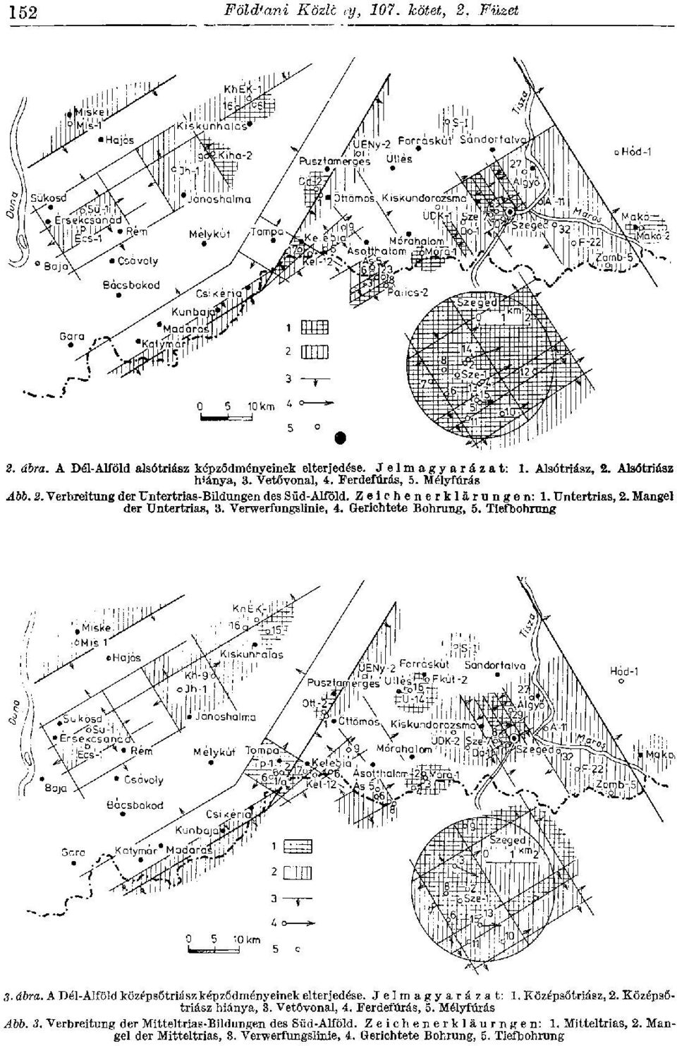 Gerichtete Bohrung, 5. Tiefbohrung 3. ábra. A Dél-Alföld középsőtriász képződményeinek elterjedése. Jelmagyarázat: 1. Középsőtriász, 2. Középsőtriász hiánya, 3. Vetővonal, 4.