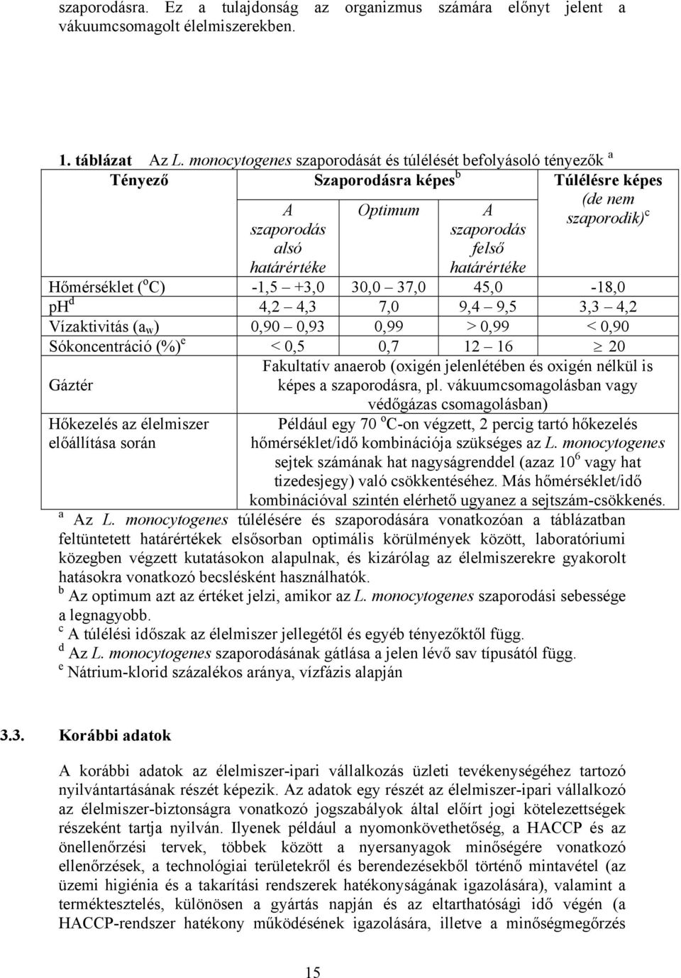 Hőmérséklet ( o C) -1,5 +3,0 30,0 37,0 45,0-18,0 ph d 4,2 4,3 7,0 9,4 9,5 3,3 4,2 Vízaktivitás (a w ) 0,90 0,93 0,99 > 0,99 < 0,90 Sókoncentráció (%) e < 0,5 0,7 12 16 20 Gáztér Hőkezelés az