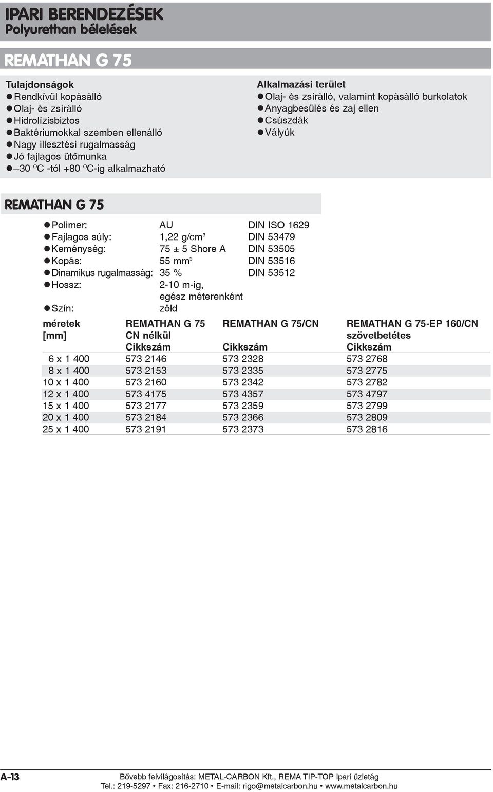 Shore A DIN 53505 Kopás: 55 mm 3 DIN 53516 Dinamikus rugalmasság: 35 % DIN 53512 Hossz: 2-10 m-ig, egész méterenként Szín: zöld méretek REMATHAN G 75 REMATHAN G 75/CN REMATHAN G 75-EP 160/CN [mm] CN