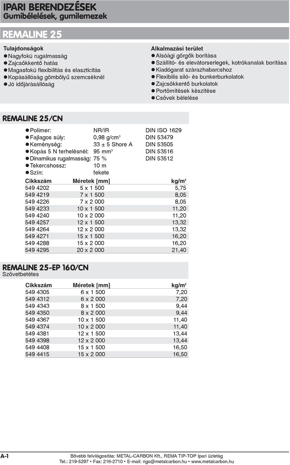 Polimer: NR/IR DIN ISO 1629 Fajlagos súly: 0,98 g/cm 3 DIN 53479 Keménység: 33 ± 5 Shore A DIN 53505 Kopás 5 N terhelésnél: 95 mm 3 DIN 53516 Dinamikus rugalmasság: 75 % DIN 53512 Tekercshossz: 10 m