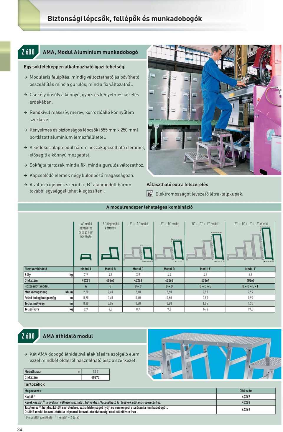 Kényelmes és biztonságos lépcsők (555 mm x 250 mm) bordázott alumínium lemezfelülettel. A kétfokos alapmodul három hozzákapcsolható elemmel, elősegíti a könnyű mozgatást.