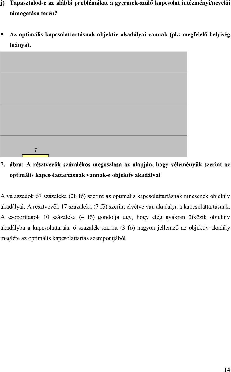 ábra: A résztvevők százalékos megoszlása az alapján, hogy véleményük szerint az 4 optimális kapcsolattartásnak vannak-e objektív akadályai 3 A válaszadók 67 százaléka (28 fő) szerint az optimális