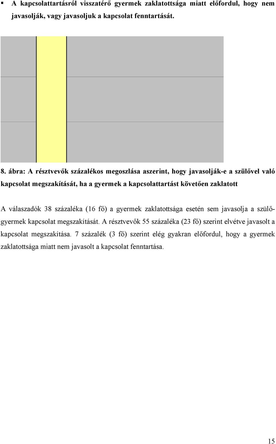 válaszadók 38 százaléka (16 fő) a gyermek zaklatottsága esetén sem javasolja a szülőgyermek kapcsolat Elvétve megszakítását.