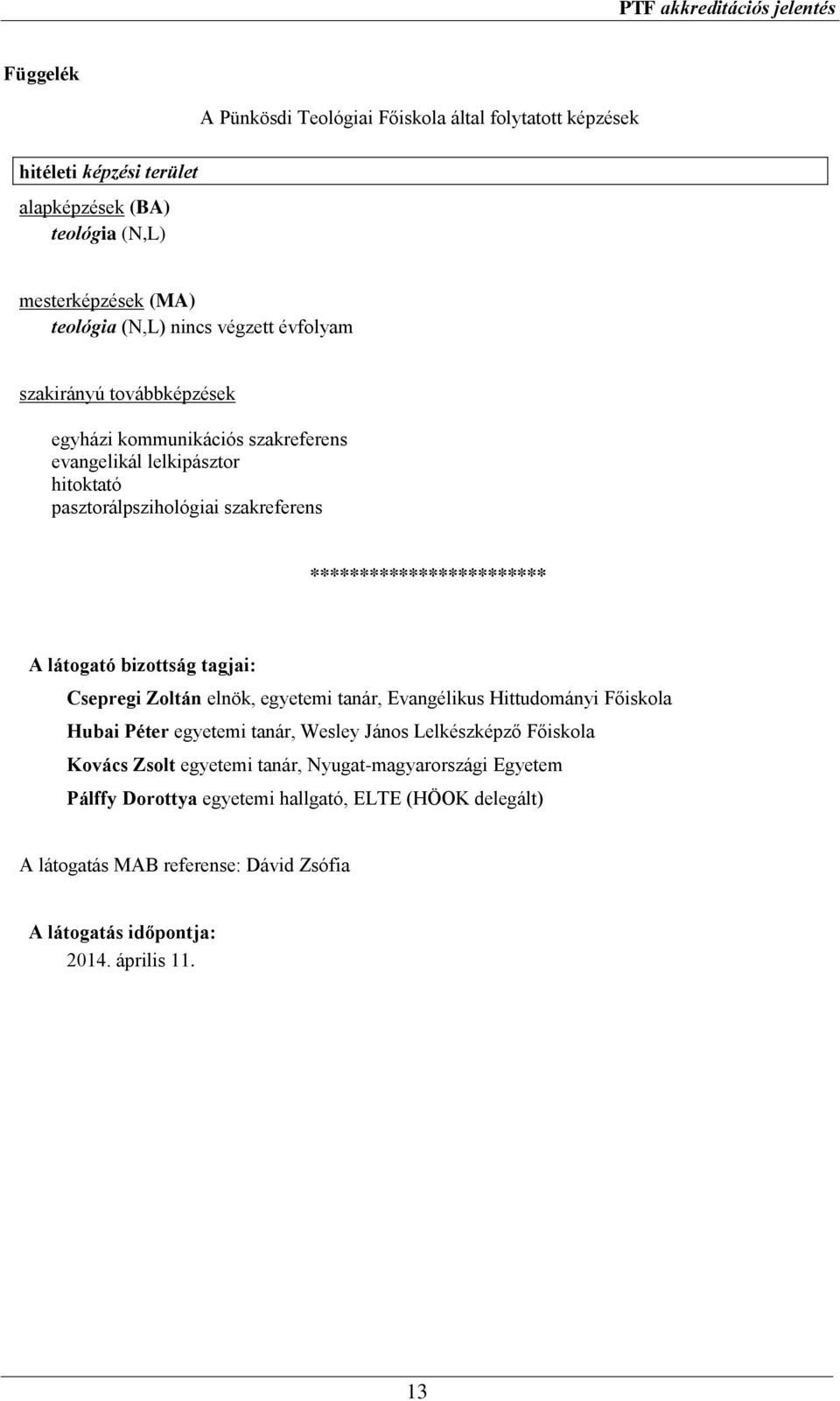 látogató bizottság tagjai: Csepregi Zoltán elnök, egyetemi tanár, Evangélikus Hittudományi Főiskola Hubai Péter egyetemi tanár, Wesley János Lelkészképző Főiskola Kovács