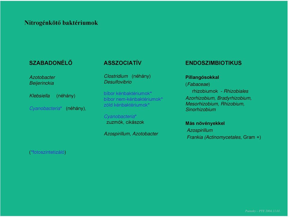zuzmók, cikászok Azospirillum, Azotobacter ENDOSZIMBIOTIKUS Pillangósokkal (Fabaceae) rhizobiumok - Rhizobiales Azorhizobium,