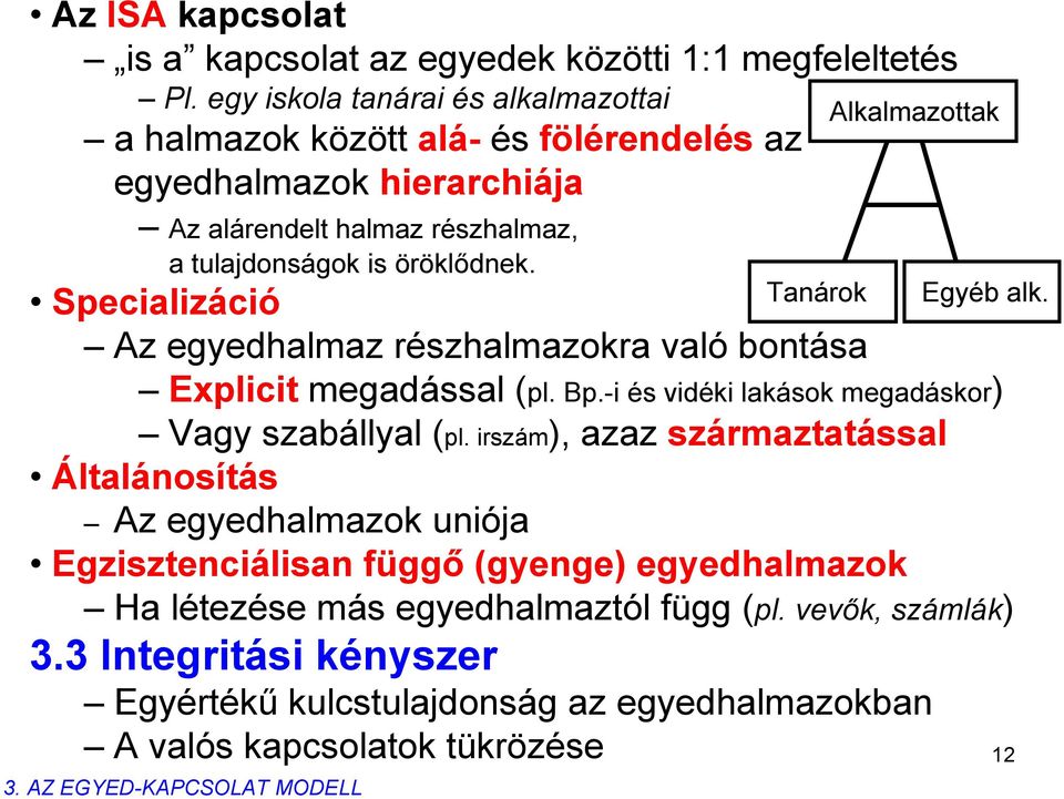 Specializáció Az egyedhalmaz részhalmazokra való bontása Explicit megadással (pl. Bp.-i és vidéki lakások megadáskor) Vagy szabállyal (pl.