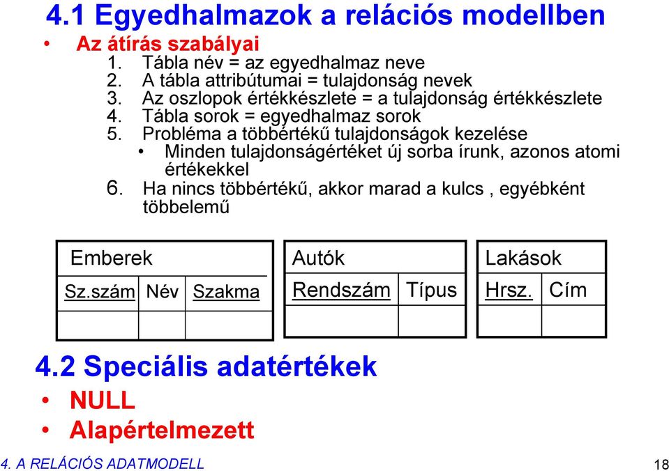 Probléma a többértékű tulajdonságok kezelése Minden tulajdonságértéket új sorba írunk, azonos atomi értékekkel 6.