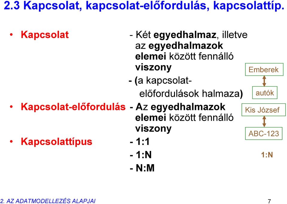 -(a kapcsolatelőfordulások halmaza) Kapcsolat-előfordulás -Az egyedhalmazok elemei