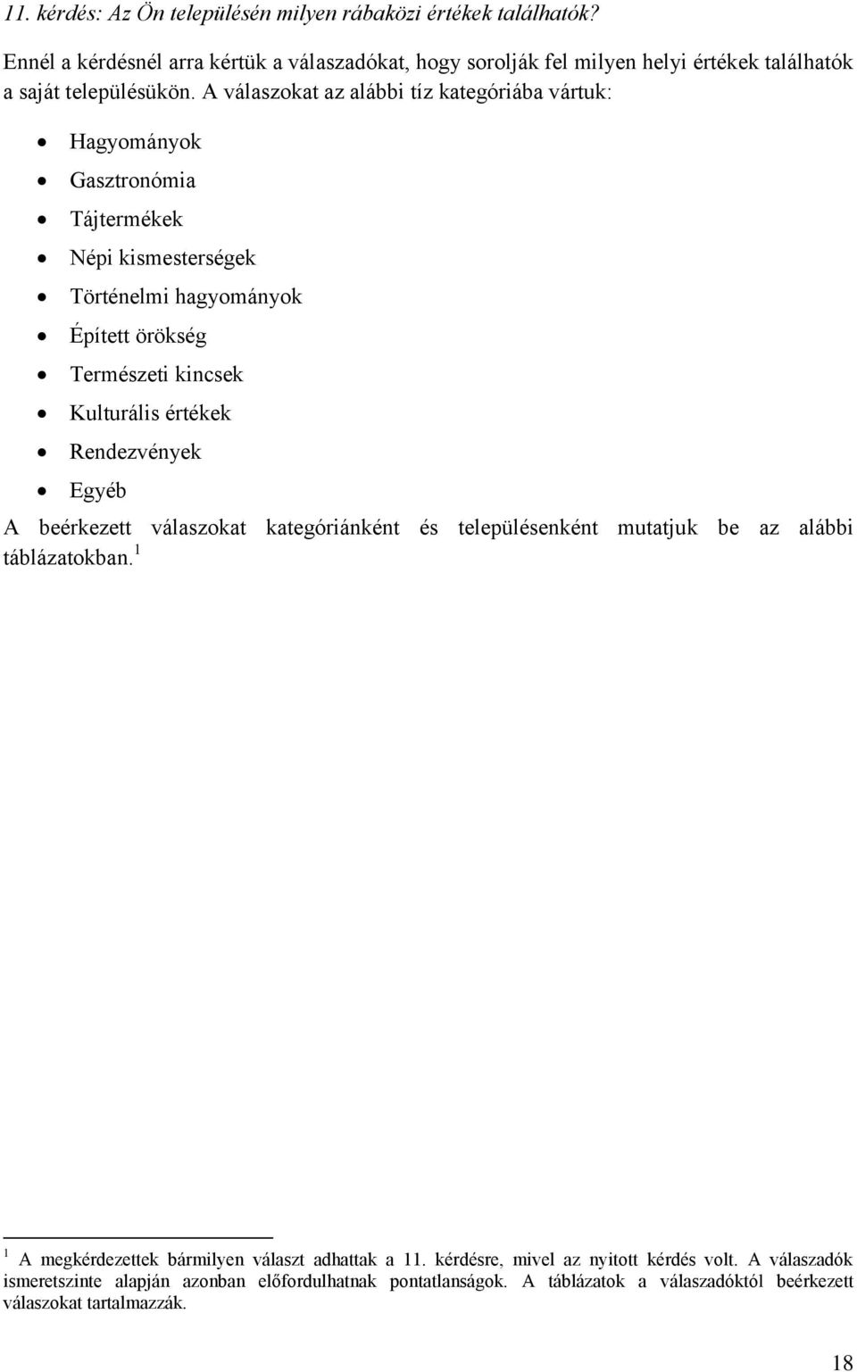 A válaszokat az alábbi tíz kategóriába vártuk: Hagyományok Gasztronómia Tájtermékek Népi kismesterségek Történelmi hagyományok Épített örökség Természeti kincsek Kulturális