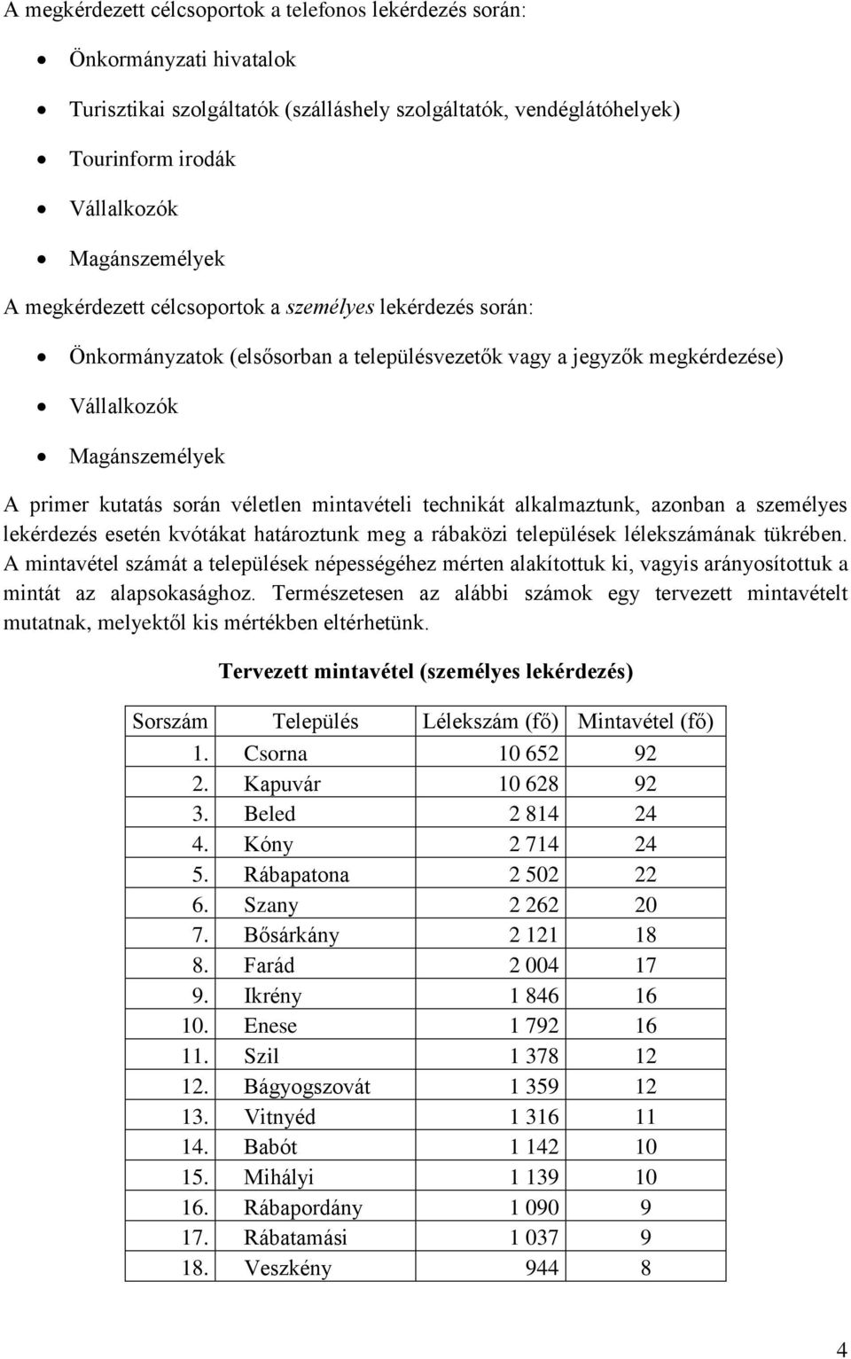 mintavételi technikát alkalmaztunk, azonban a személyes lekérdezés esetén kvótákat határoztunk meg a rábaközi települések lélekszámának tükrében.