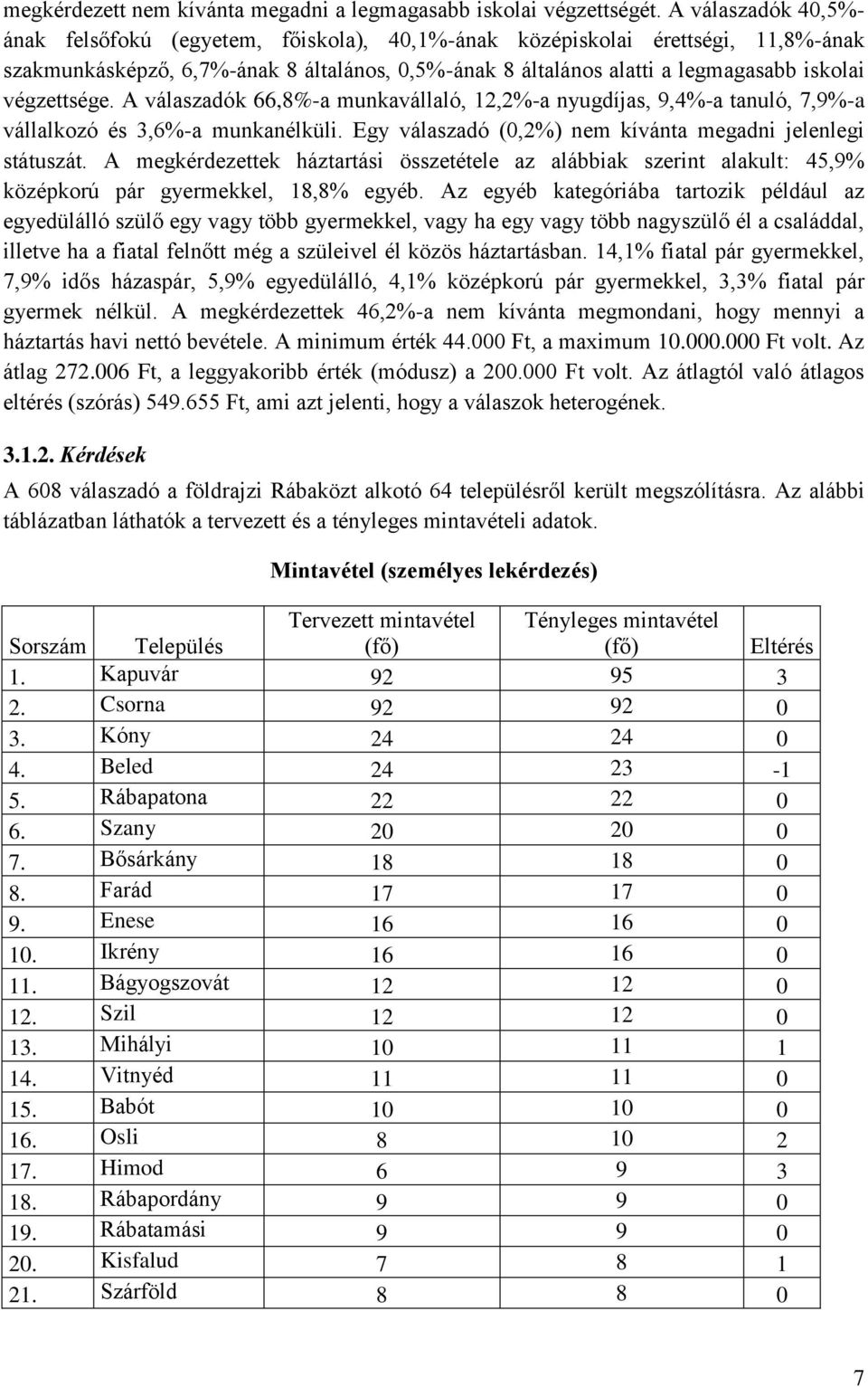 végzettsége. A válaszadók 66,8%-a munkavállaló, 12,2%-a nyugdíjas, 9,4%-a tanuló, 7,9%-a vállalkozó és 3,6%-a munkanélküli. Egy válaszadó (0,2%) nem kívánta megadni jelenlegi státuszát.