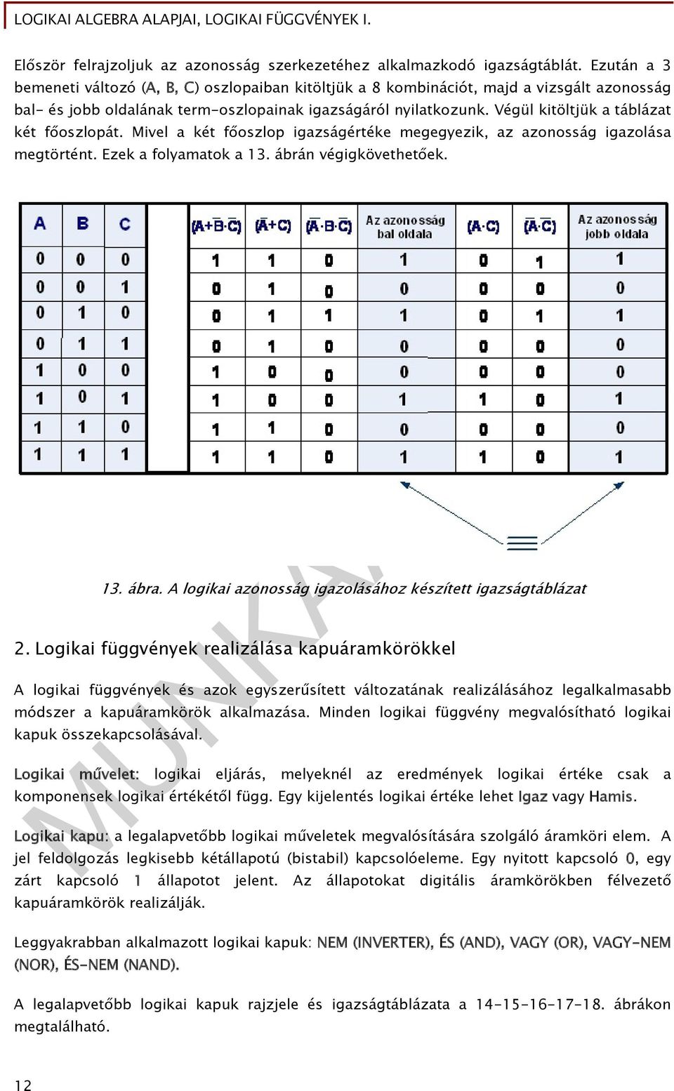 Végül kitöltjük a táblázat két főoszlopát. Mivel a két főoszlop igazságértéke megegyezik, az azonosság igazolása megtörtént. Ezek a folyamatok a 13. ábrán végigkövethetőek. 13. ábra.