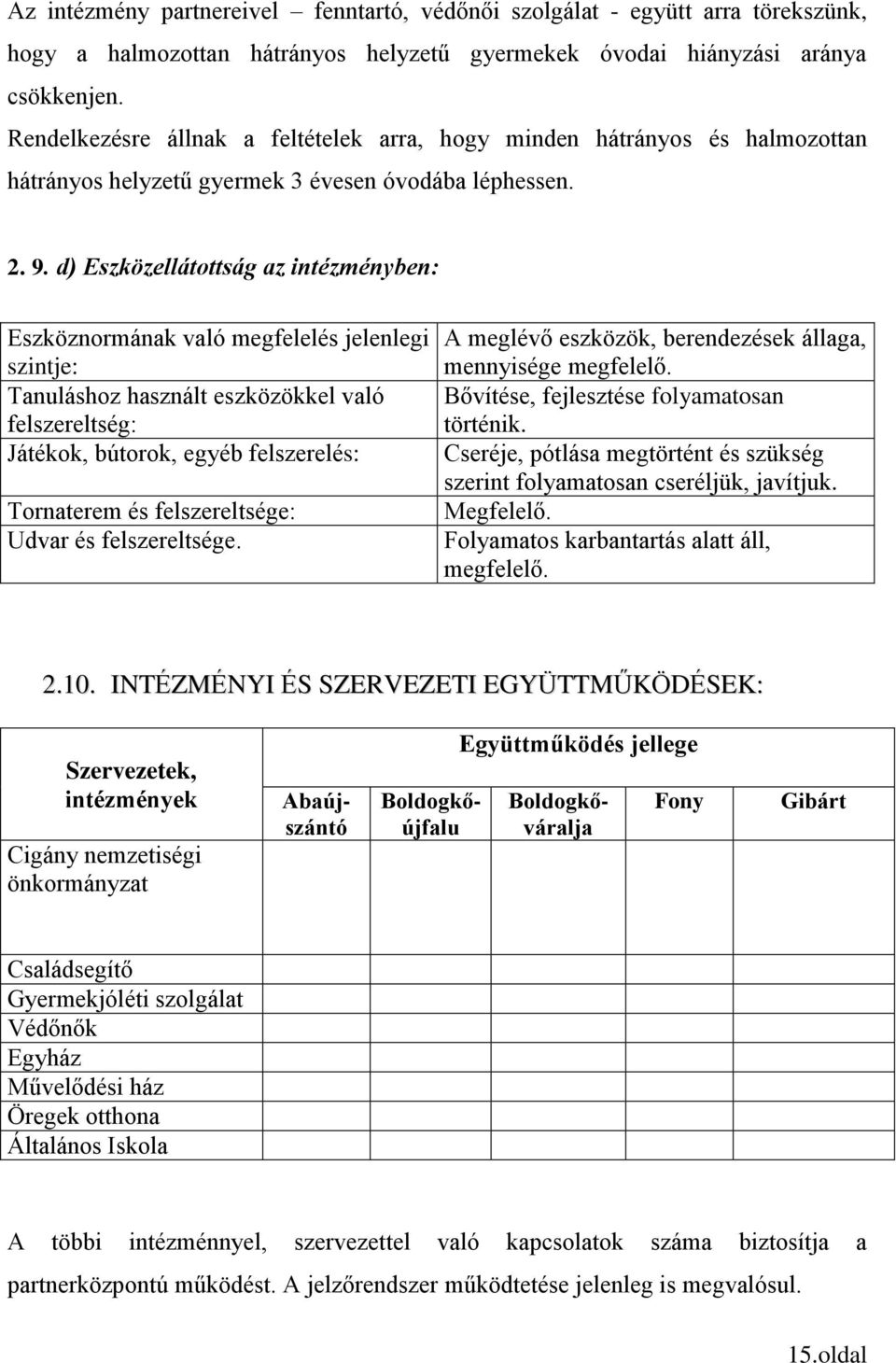 d) Eszközellátottság az intézményben: Eszköznormának való megfelelés jelenlegi szintje: Tanuláshoz használt eszközökkel való felszereltség: Játékok, bútorok, egyéb felszerelés: Tornaterem és