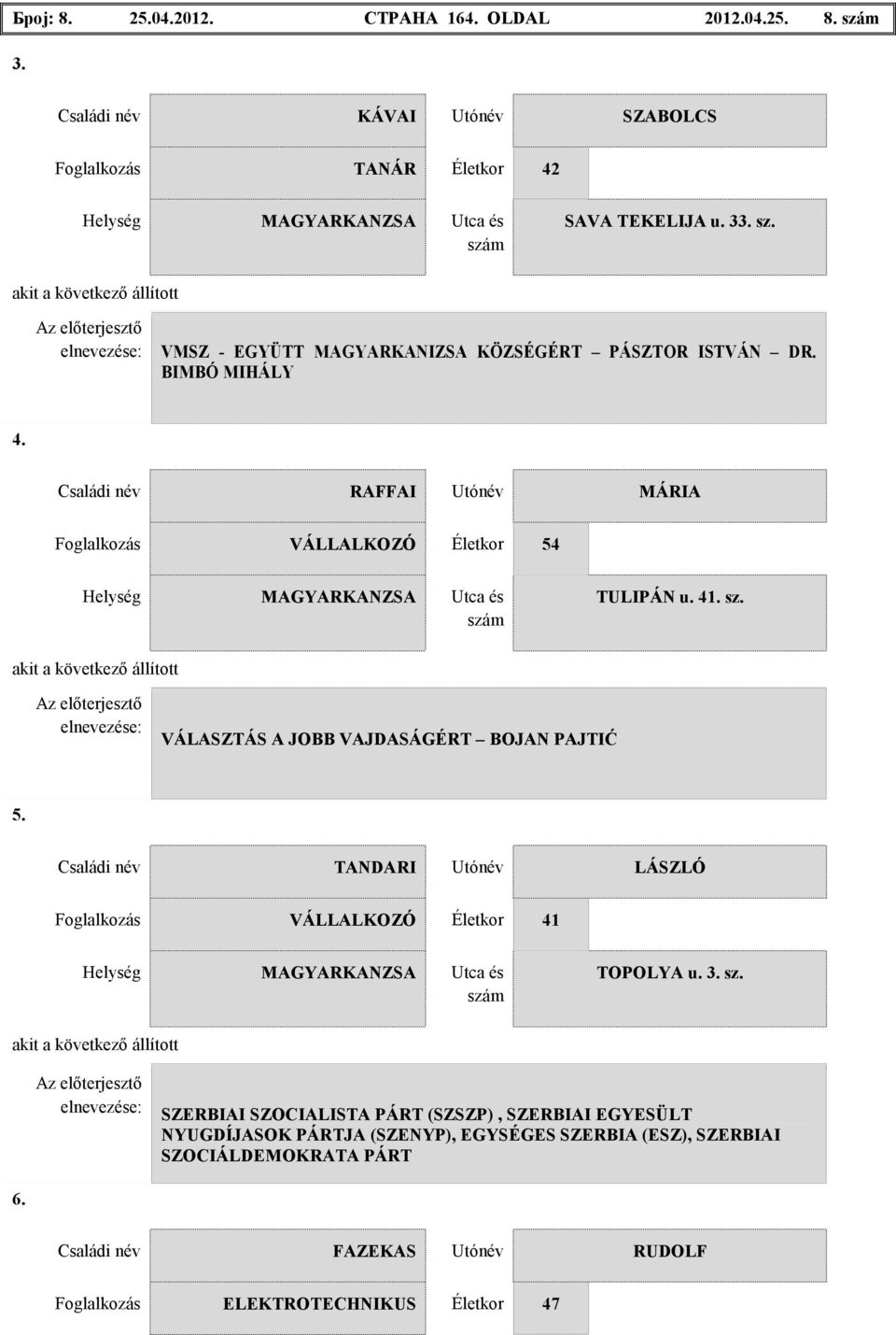m TULIPÁN u. 41. sz. akit a következı állított Az elıterjesztı elnevezése: VÁLASZTÁS A JOBB VAJDASÁGÉRT BOJAN PAJTIĆ 5.