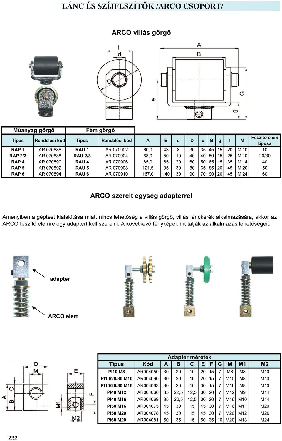 AR 070910 167,0 140 30 90 70 90 20 45 M 24 60 ARCO szerelt egység adapterrel Amenyiben a géptest kialakítása miatt nincs lehet ség a villás görg, villás lánckerék alkalmazására, akkor az ARCO feszít